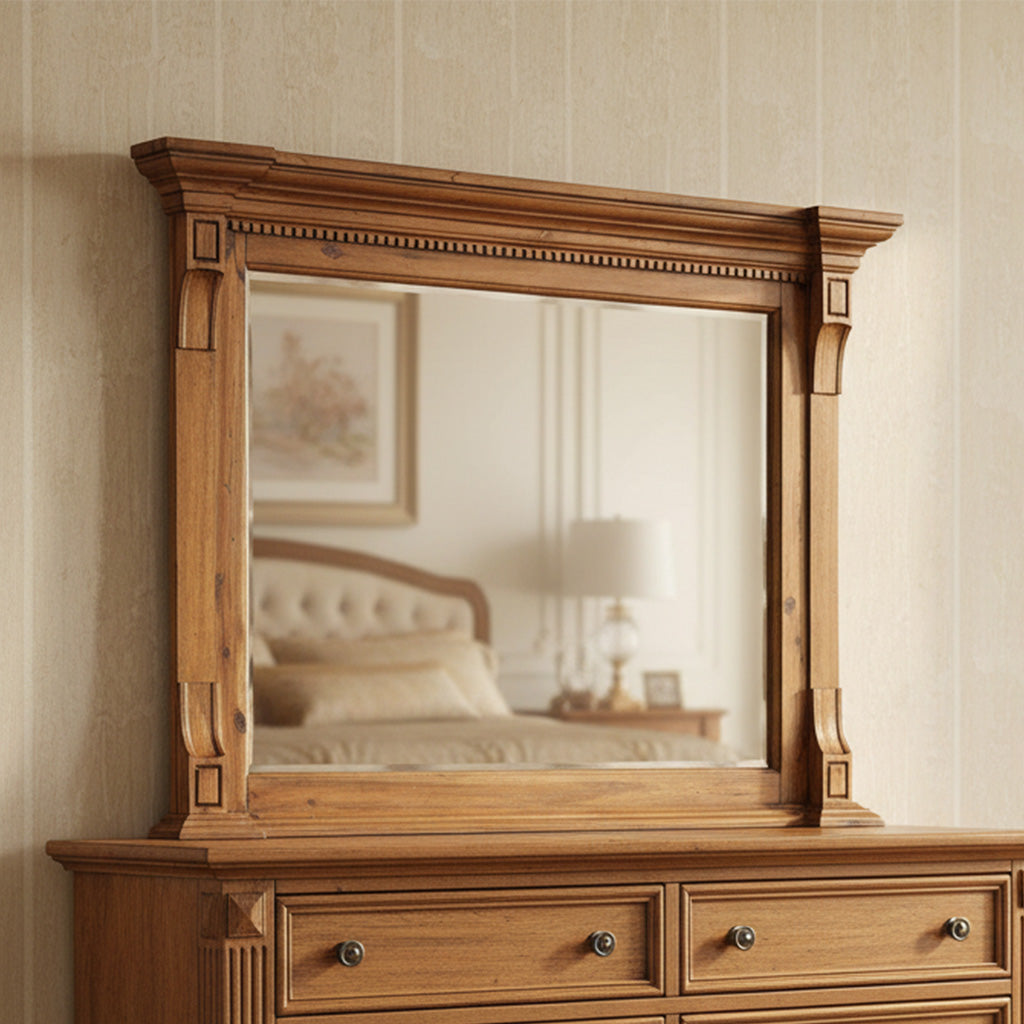 Square acacia wood mirror with dentil molding, beveled glass, and decorative corbels in Wellington Hall finish