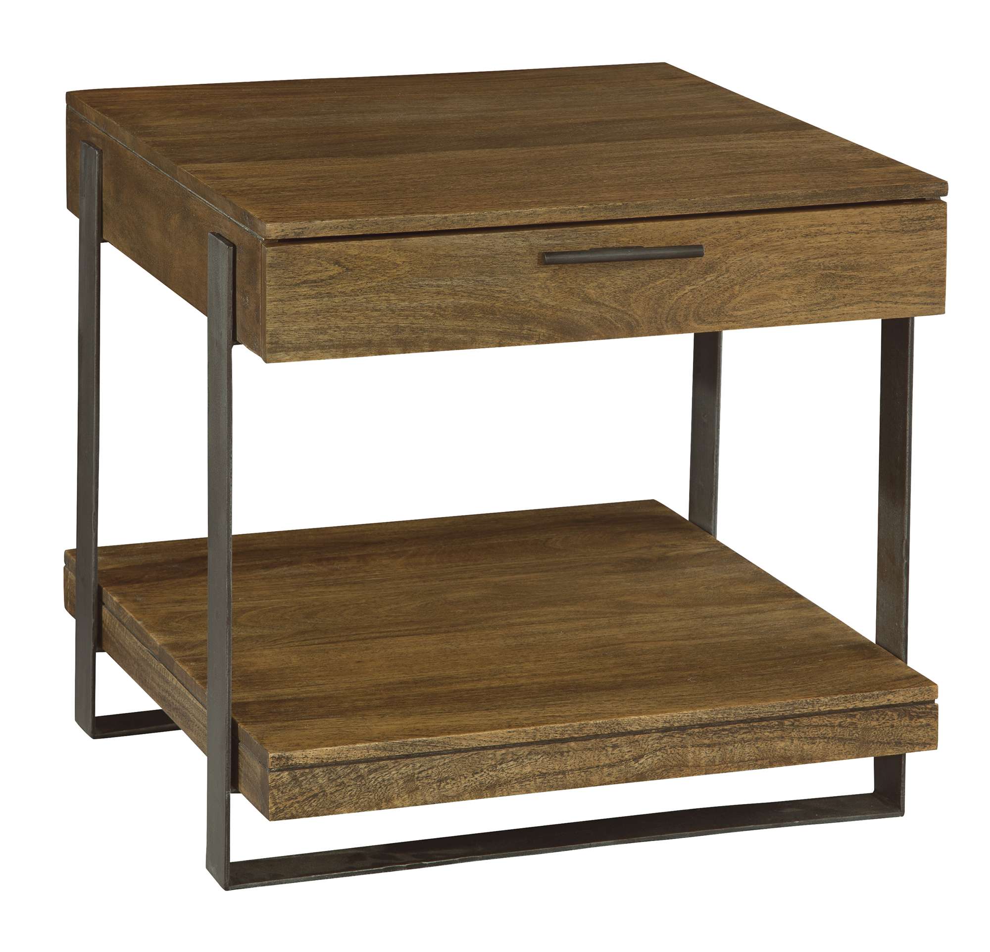 Bedford Park end table with mango solids, forged iron base, single drawer with wood slides, and solid lower shelf