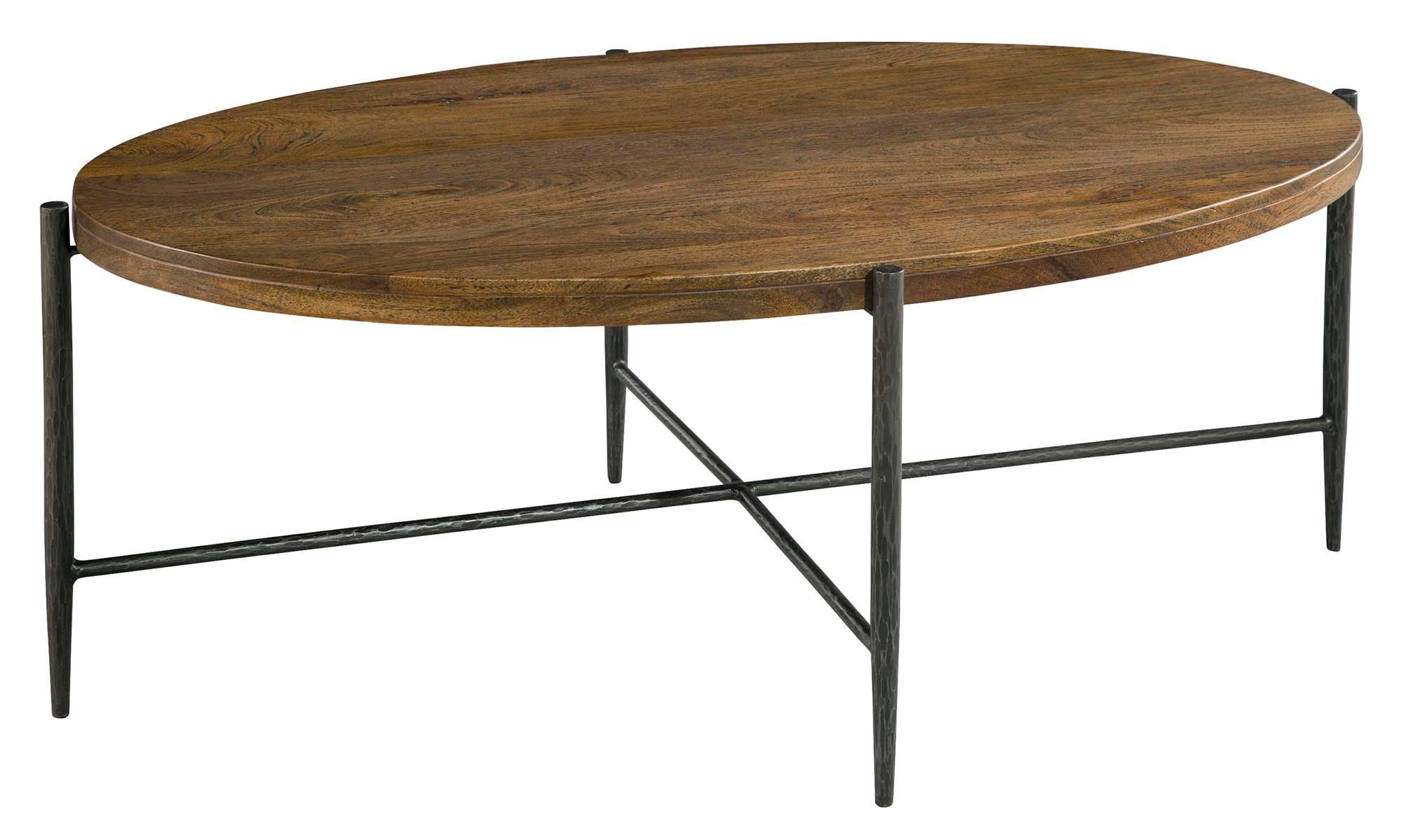 Bedford Park Coffee Table with rough-hewn wood top, wrought iron base, and oval shape in Bedford finish