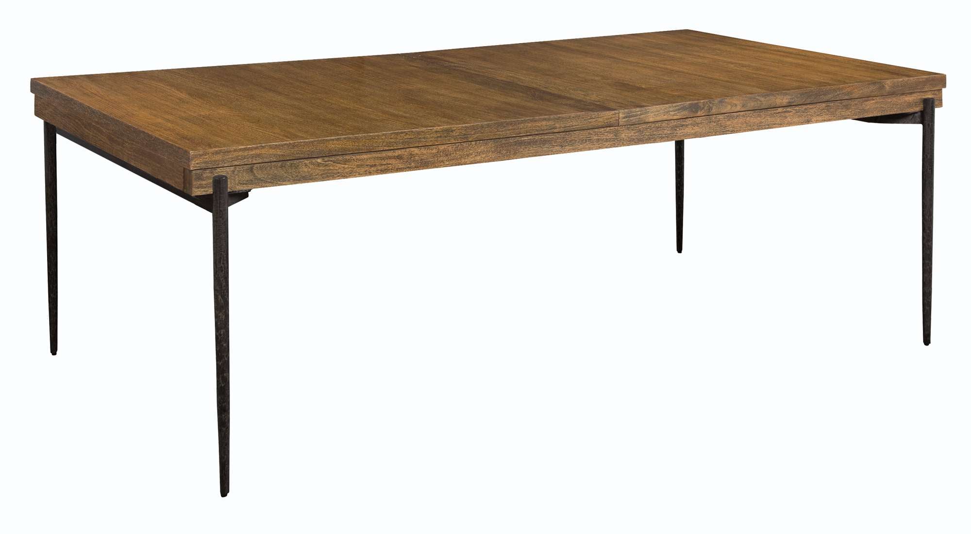 Bedford Park dining table with mango solids and veneers top, forged iron base, iron hardware, and 20-inch leaf extension