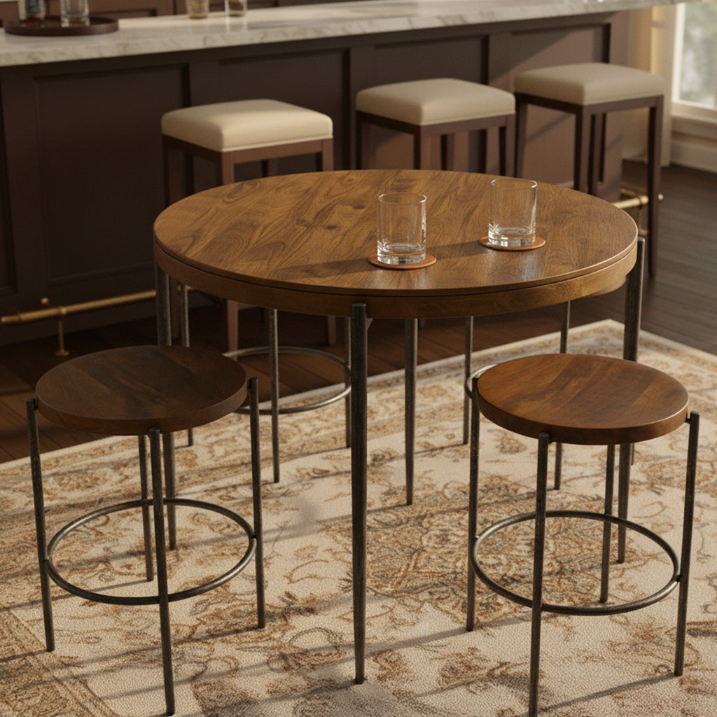 Round solid mango wood pub table with forged iron base and two matching stools on patterned rug in cozy room