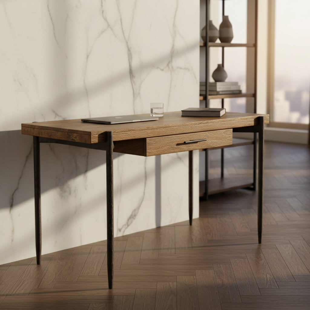 Bedford Park desk with select solid wood top, wrought iron legs, single center drawer, and Bedford Park finish