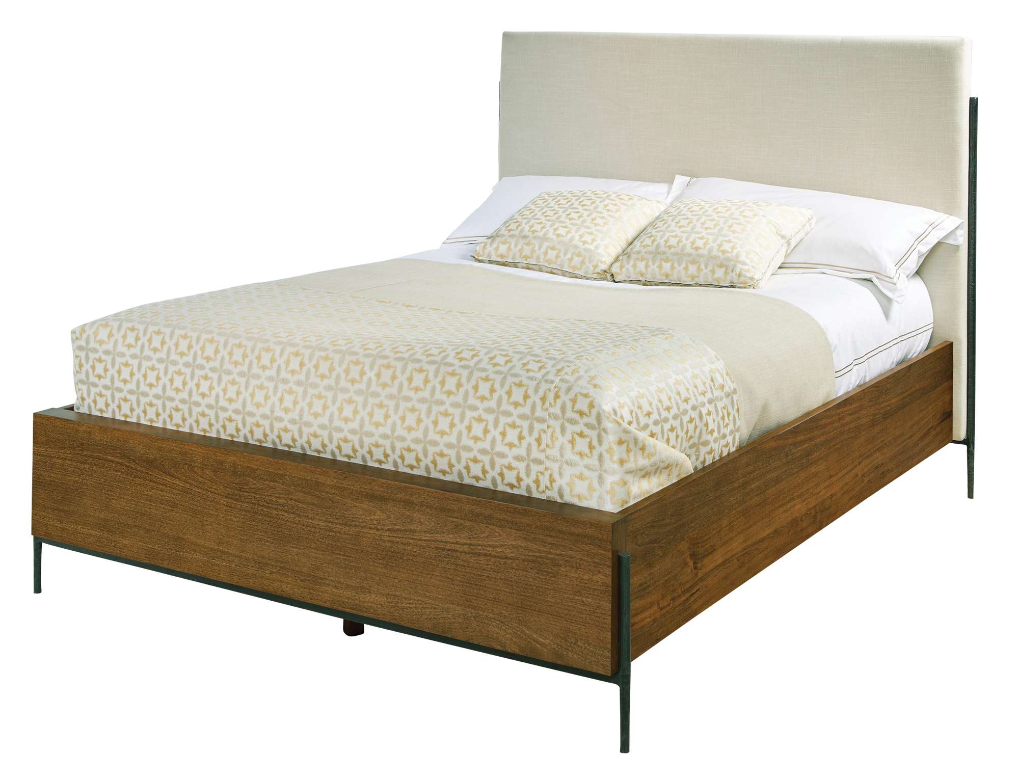 Bedford Park queen bed with upholstered linen headboard, mango wood side rails, and finished footboard design