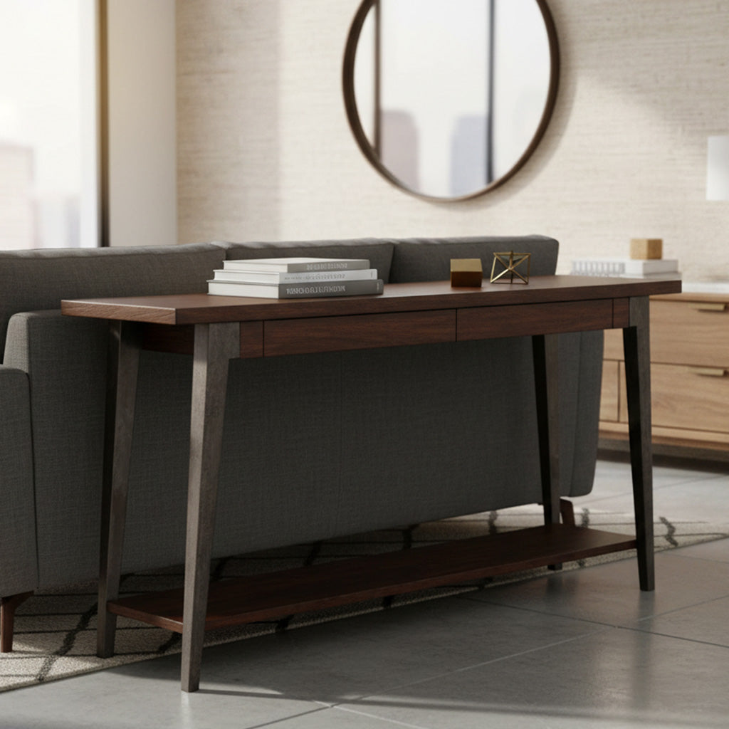 Monterey Point sofa table with acacia top, two drawers, and splayed tapered metal legs in modern living room setting
