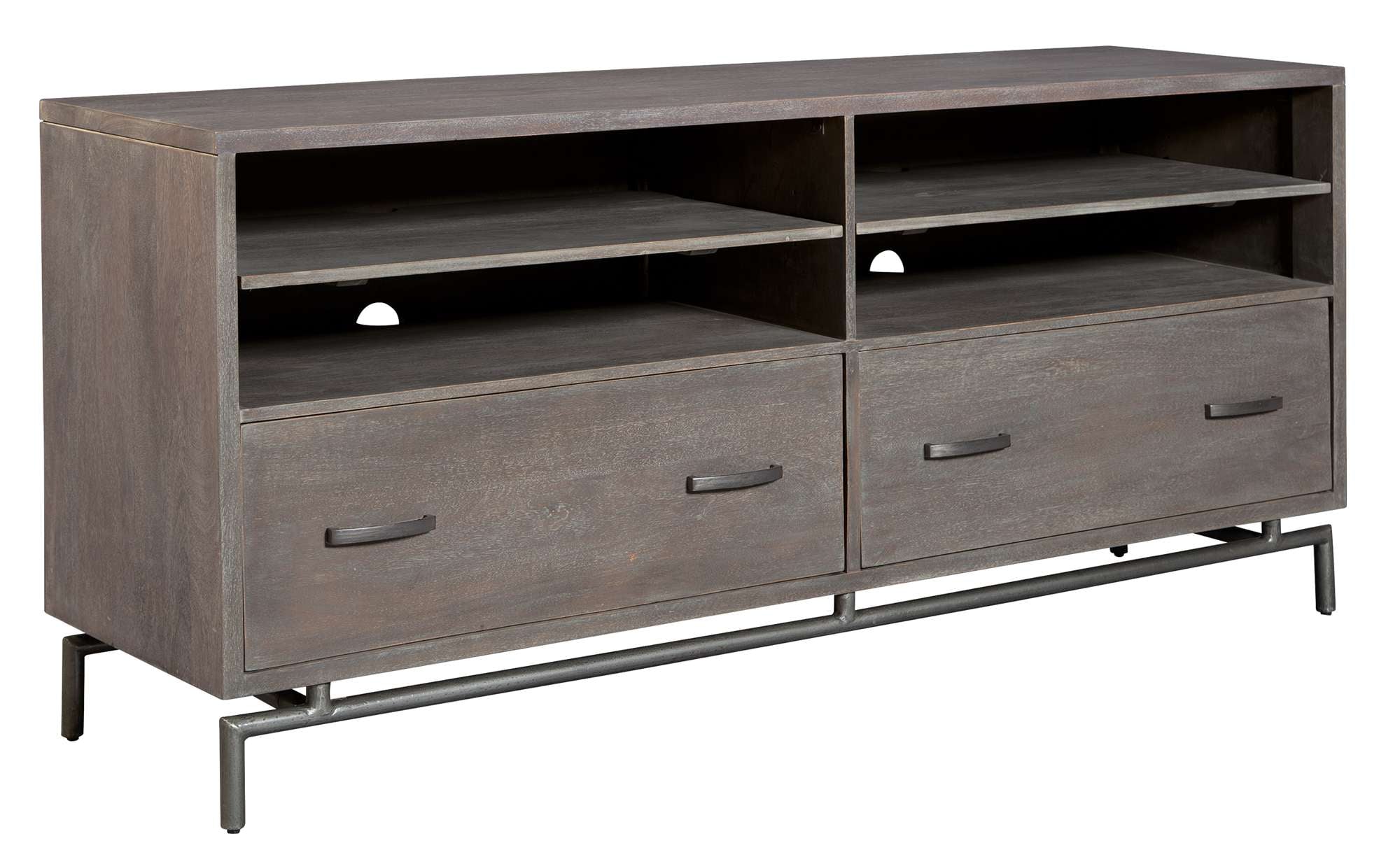 Sedona entertainment console with solid mango wood, four storage compartments, two drawers, and black iron frame legs