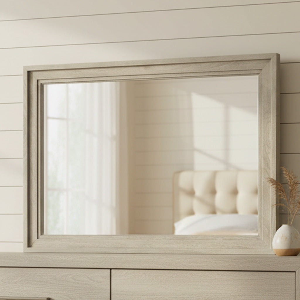 Rectangular wall mirror with weathered gray mango wood frame and beveled glass over matching wood dresser