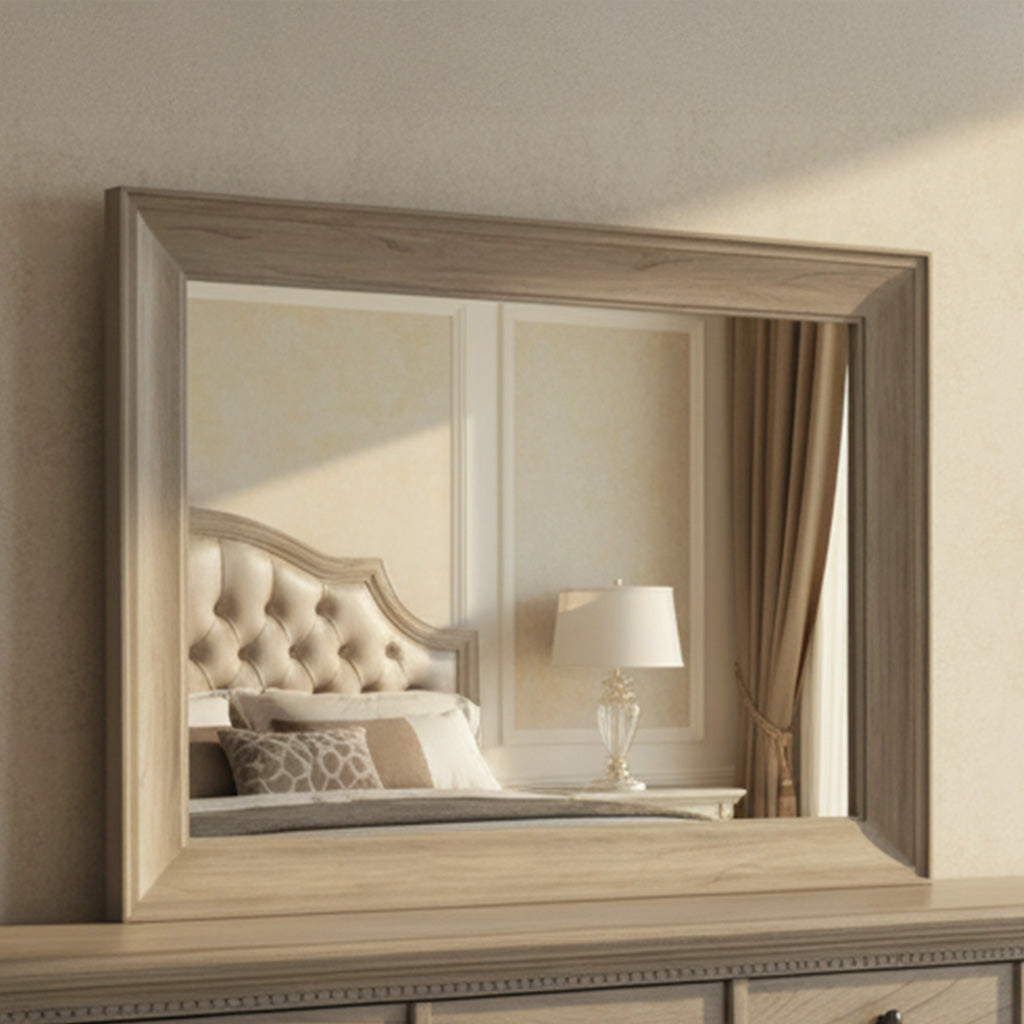 Rectangular wall mirror with beveled glass and driftwood finish solid wood frame above grey wood dresser