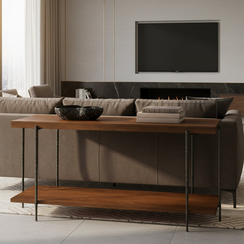 Bedford Park sofa table with solid mango wood top and shelf, hand-forged iron base in aged iron finish