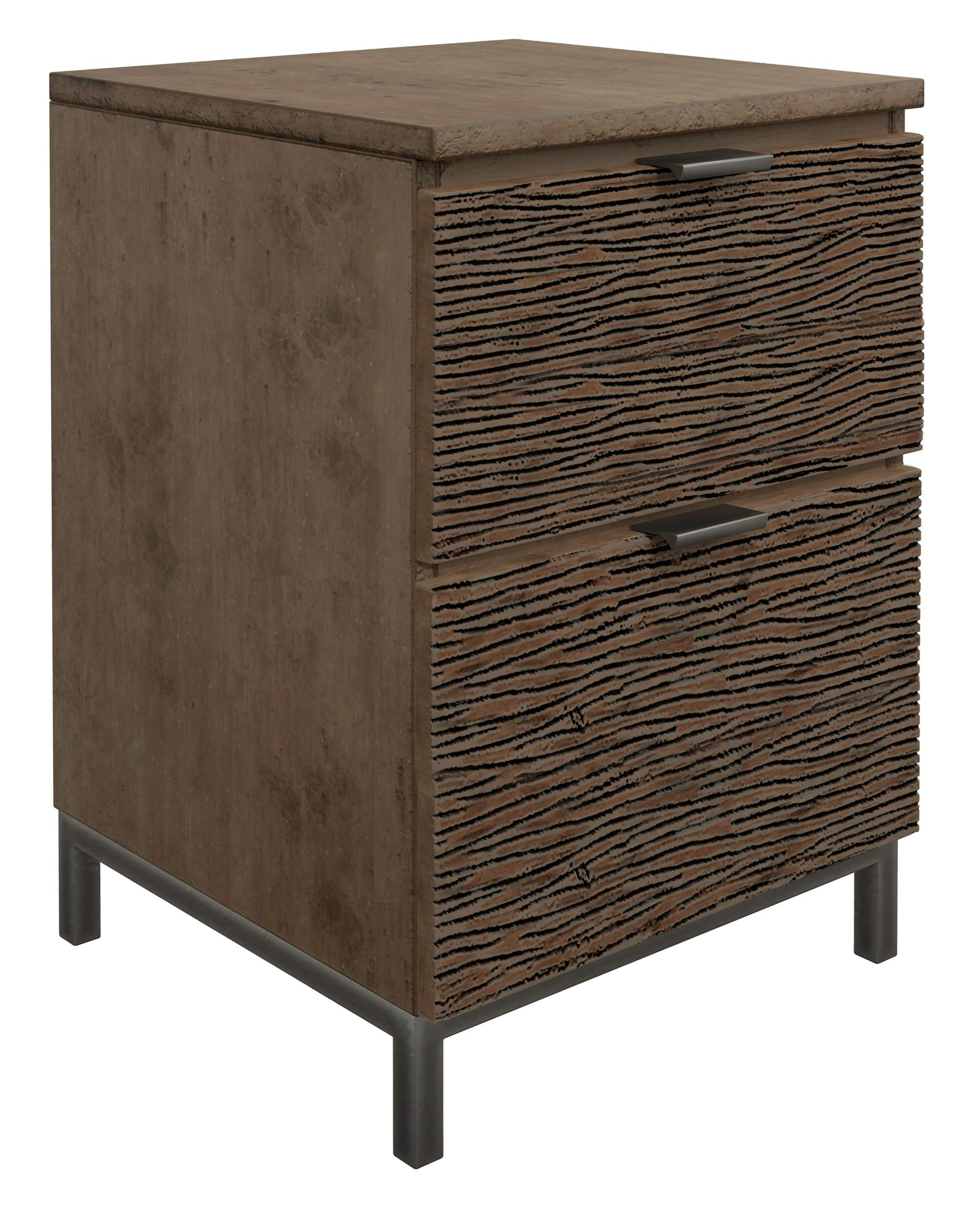 Two-drawer file cabinet with textured carved drawer fronts, dark wood finish, and slim metal handles on metal legs