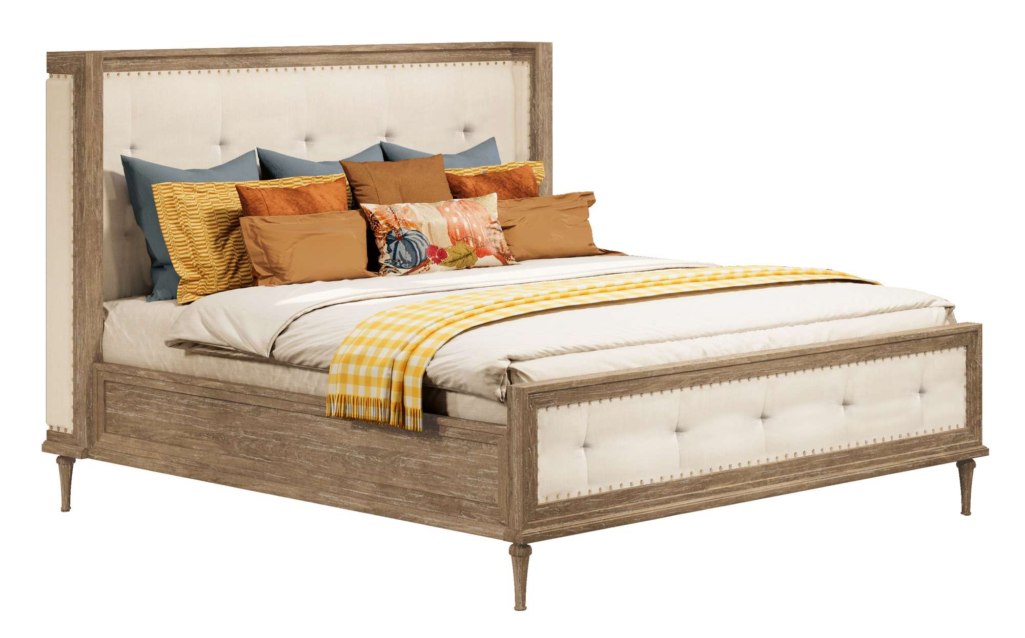 Chateaux King Shelter Bed with 63” tufted upholstered headboard, accented nailhead trim, and weathered wood frame