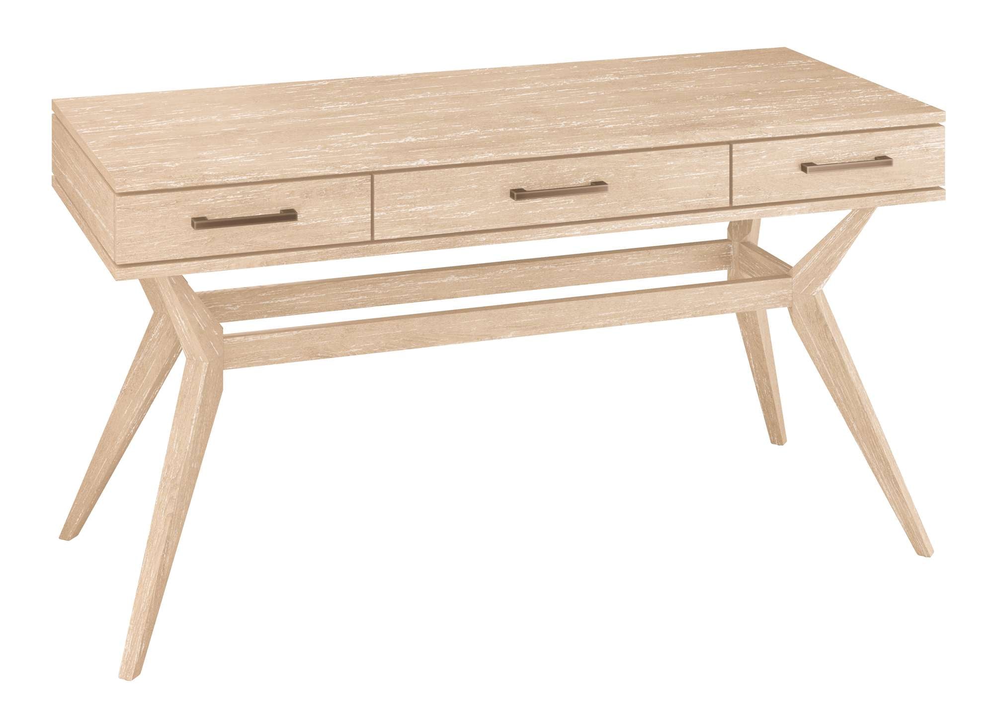 Mid-century style Miramar Desk with solid Mindi wood, three drawers including drop-down center, and angled legs