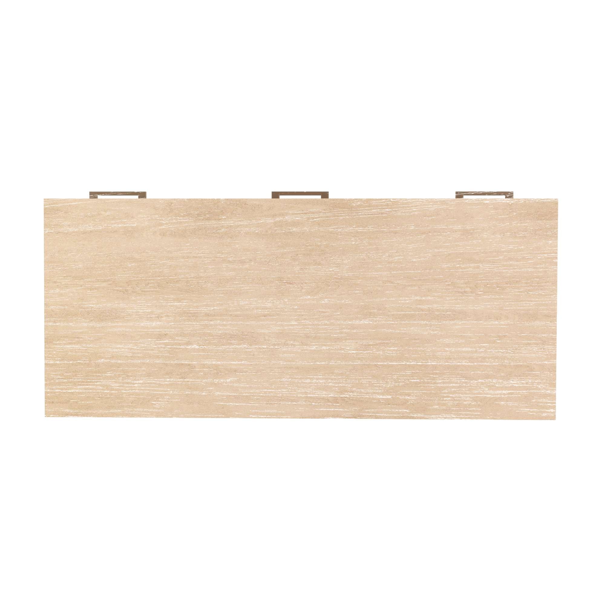 Top view of Miramar Desk showing light Mindi wood surface with three slim drawer handles in mid-century style