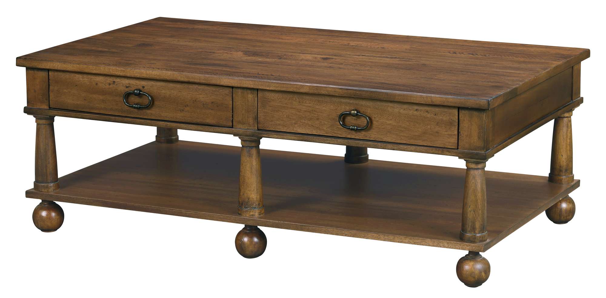 Fairfax rectangular wooden coffee table with drawers, turned legs, lower shelf, and round bun feet in warm finish