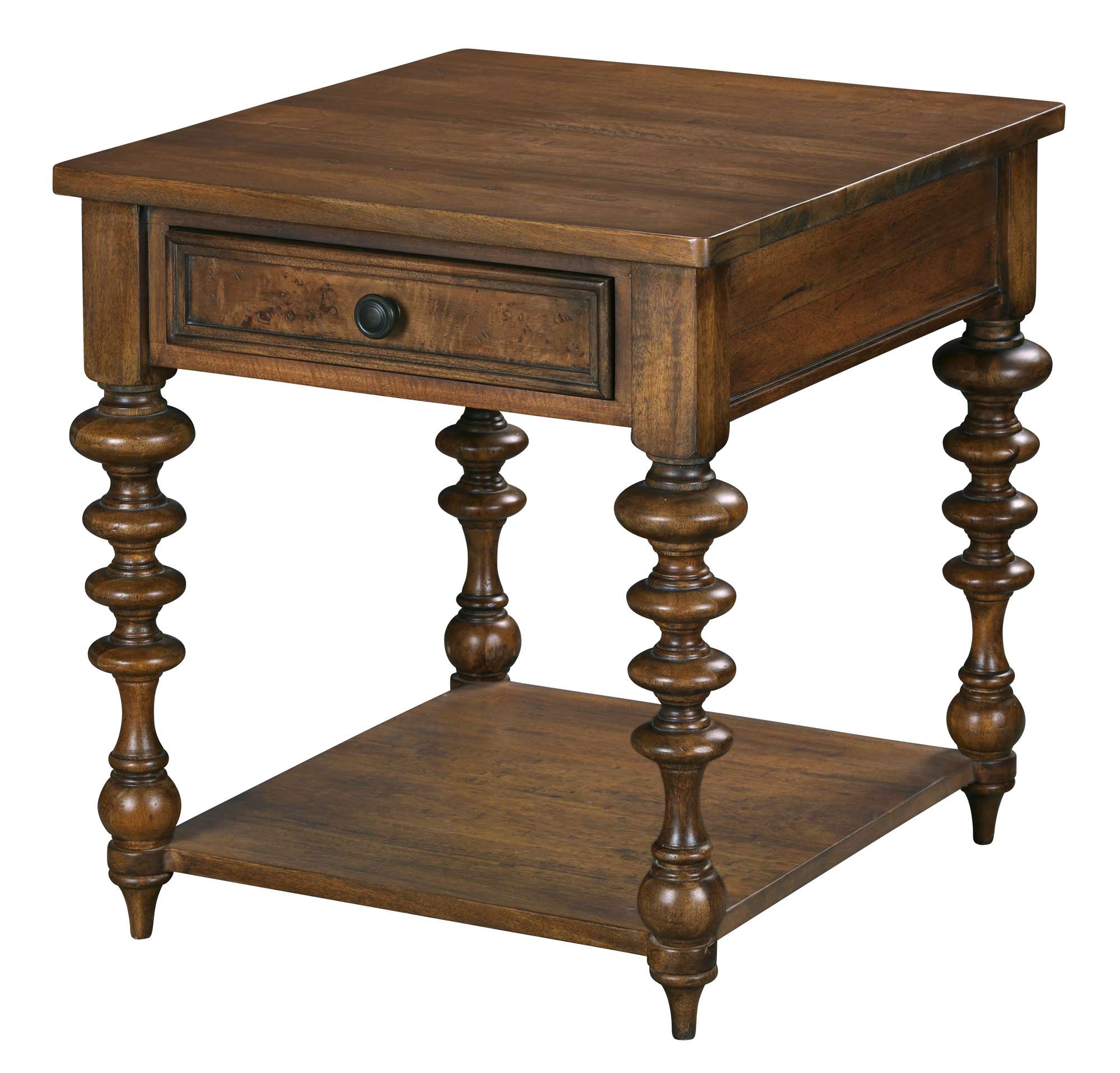 Fairfax rectangular wooden end table with turned legs, single drawer, and lower open shelf in warm brown finish