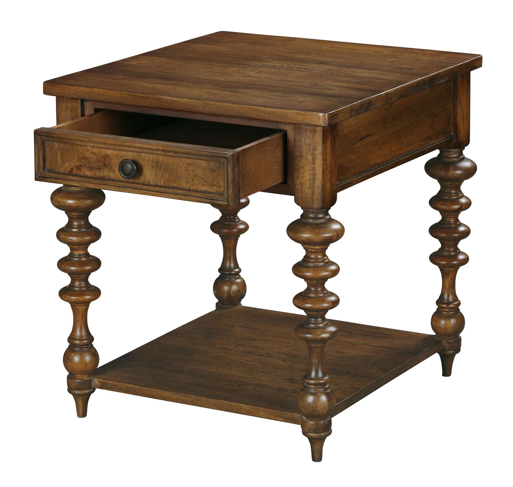 Fairfax rectangular wooden end table with turned legs, single drawer with round knob, and lower shelf in warm finish