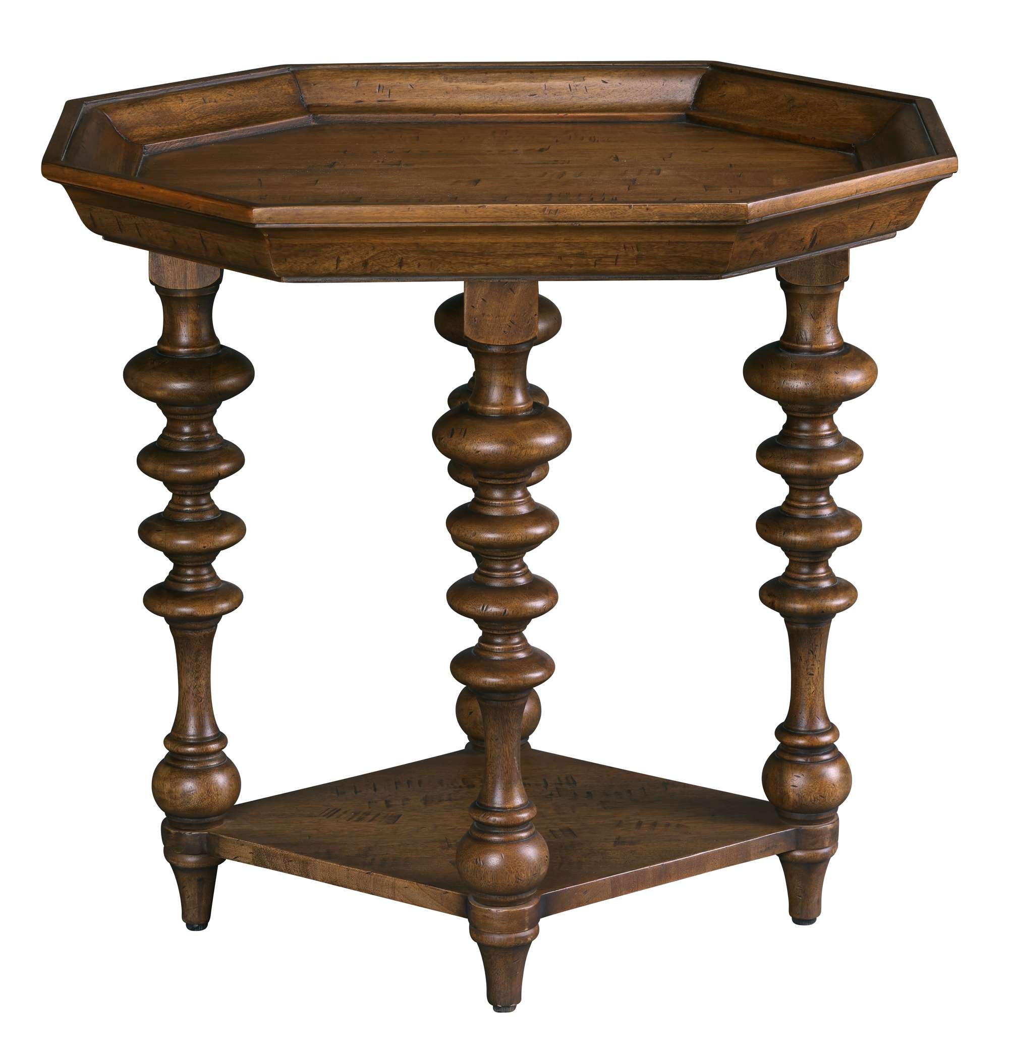 Fairfax Octagon End Table with turned wood legs, octagonal top, and lower wood shelf in warm brown finish