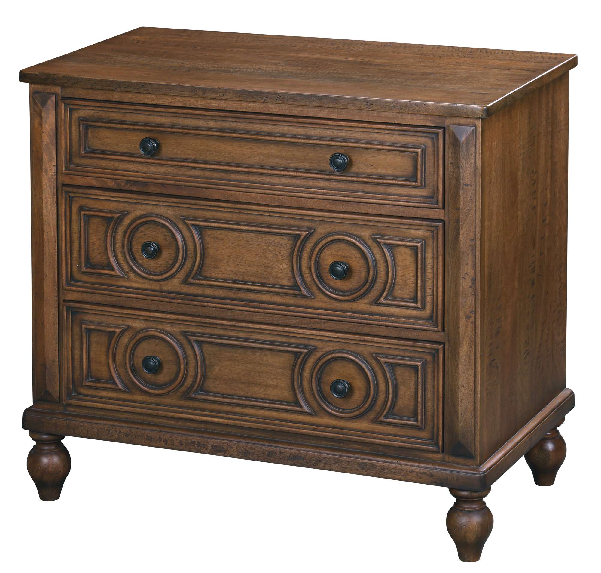 Fairfax Accent Chest with carved wooden drawer fronts, dark finished knobs, and turned wooden bun feet in classic style