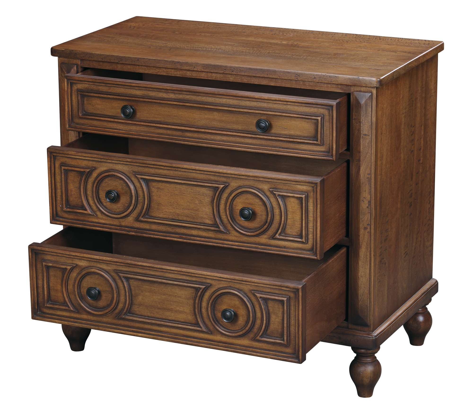 Fairfax Accent Chest with three carved wooden drawers and turned legs in warm brown finish