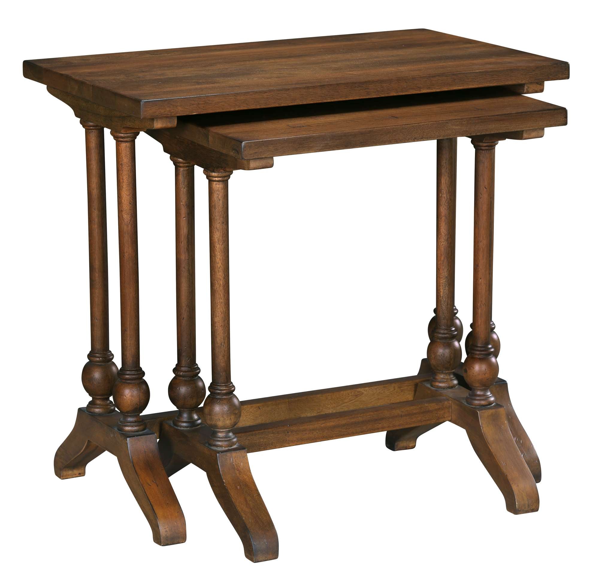 Set of two nesting tables with warm wood finish, turned legs, and sturdy base for classic style and versatile use