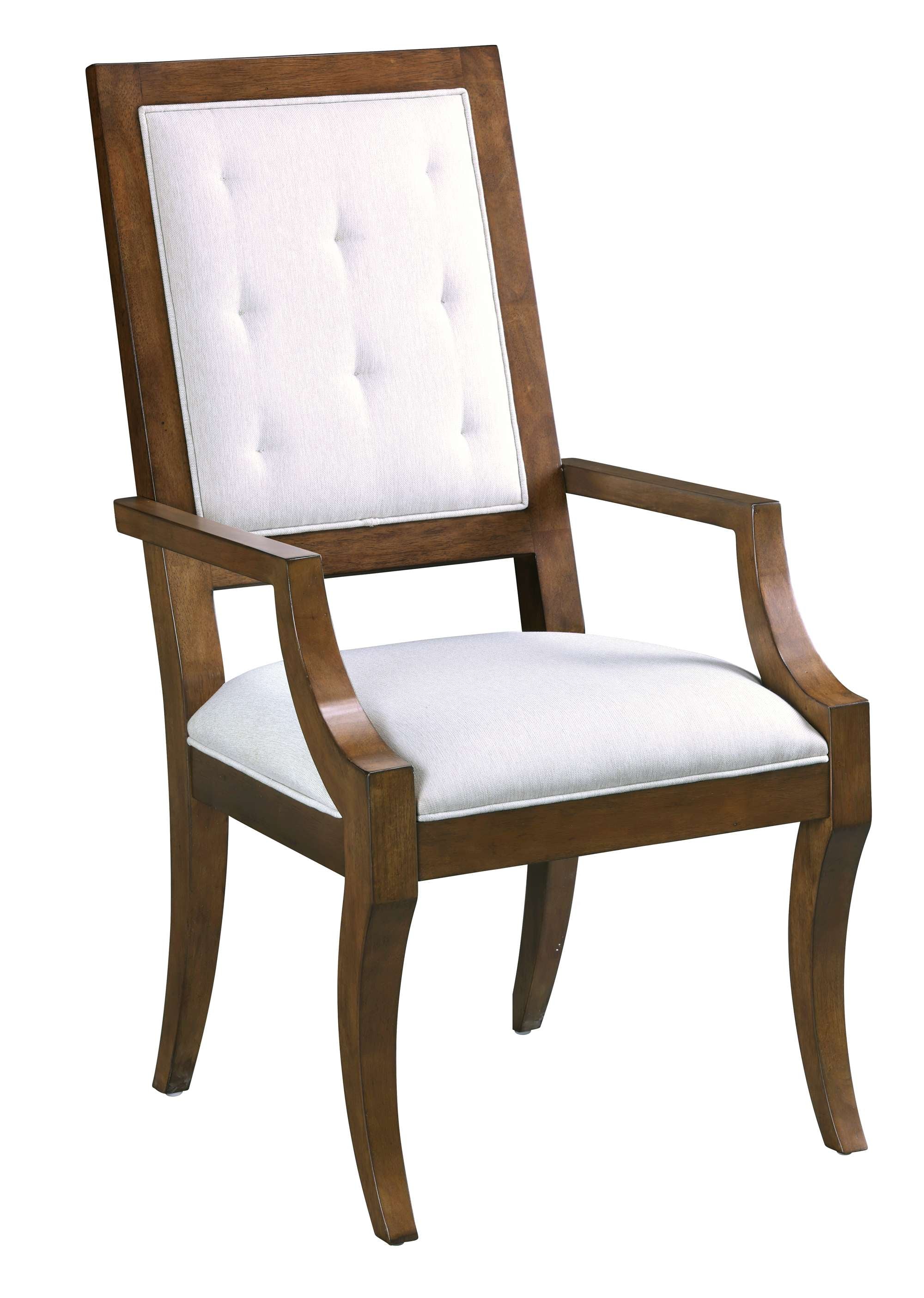 Fairfax Arm Chair with tufted light fabric cushion and dark wood frame featuring curved armrests and legs