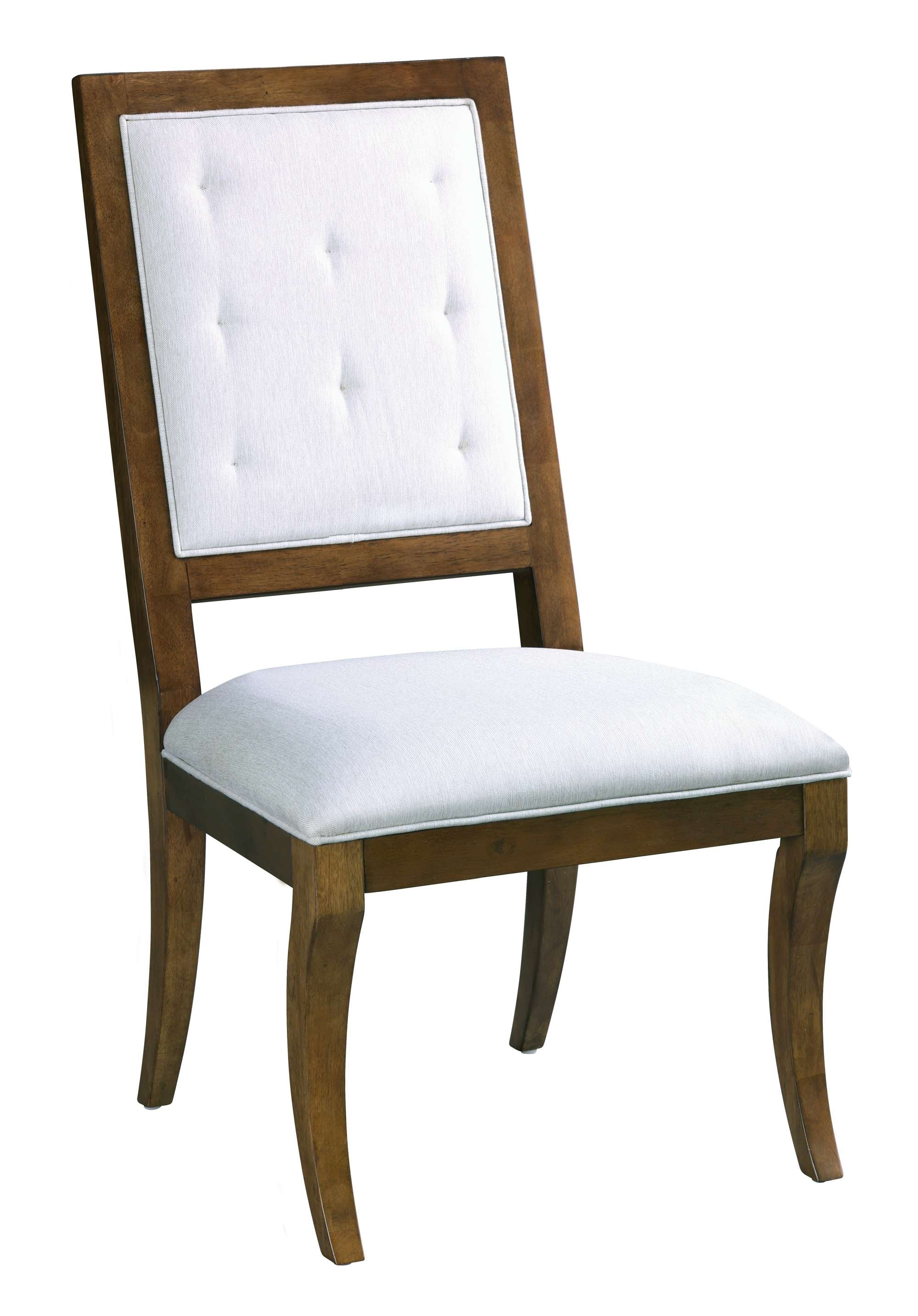 Fairfax side chair with tufted white upholstered back and seat, framed by warm wood legs and frame