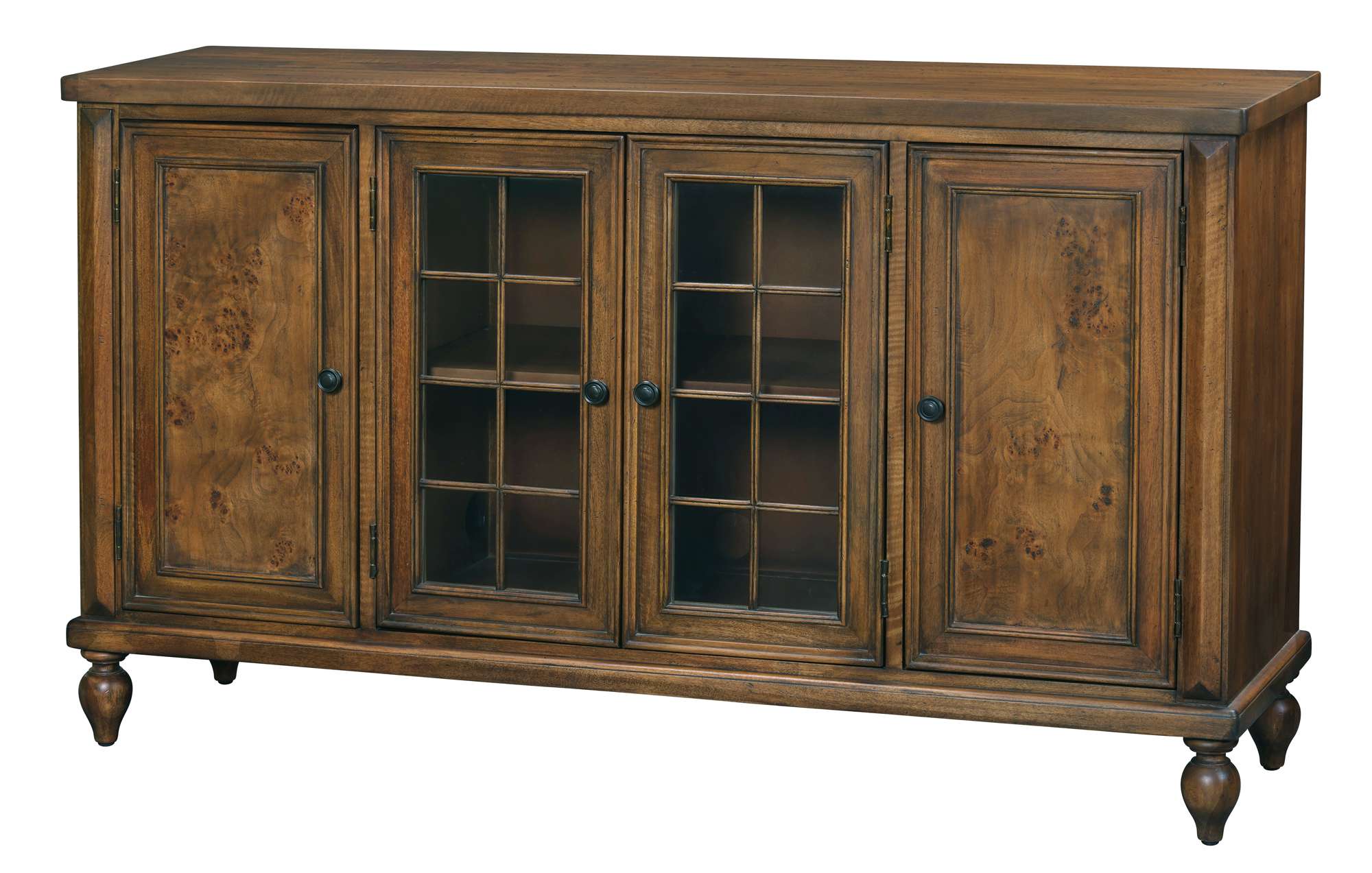 Fairfax Entertainment Console with warm wood finish, glass paneled middle doors, solid side doors, and turned wooden legs