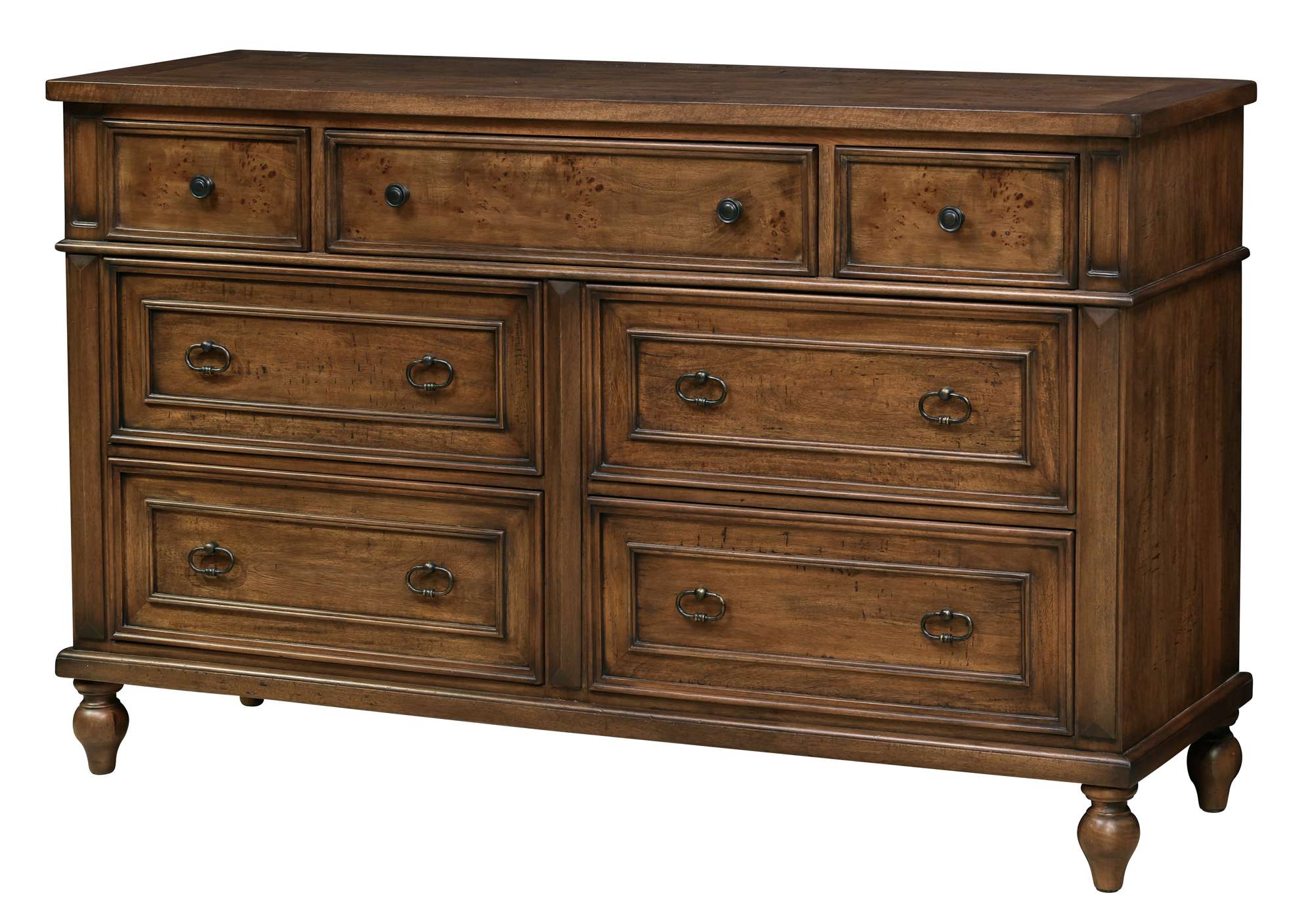 Wooden Fairfax dresser with six drawers, traditional design, warm brown finish, and turned legs for classic style