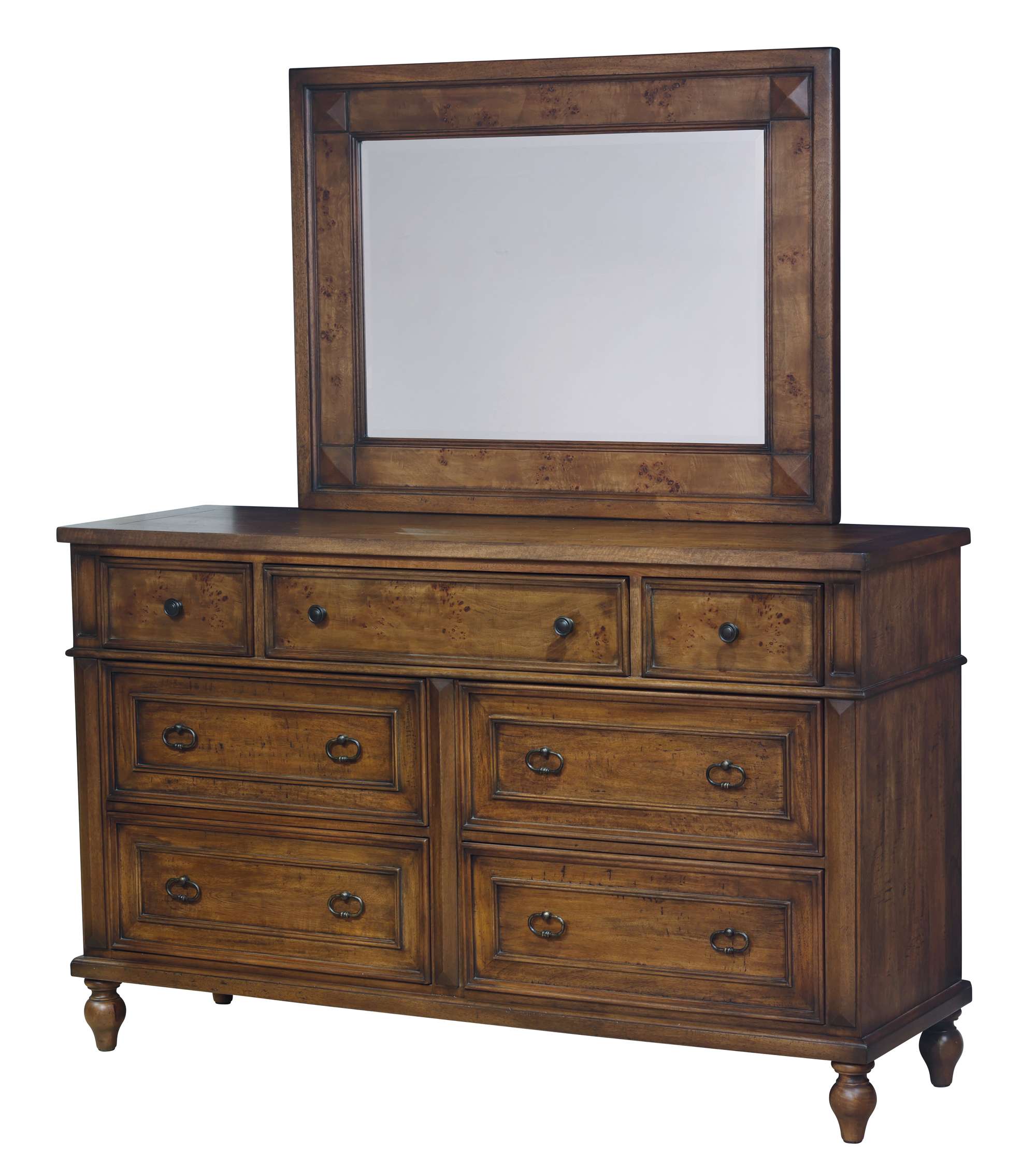 Wooden dresser with six drawers and a large rectangular framed Fairfax mirror in matching finish