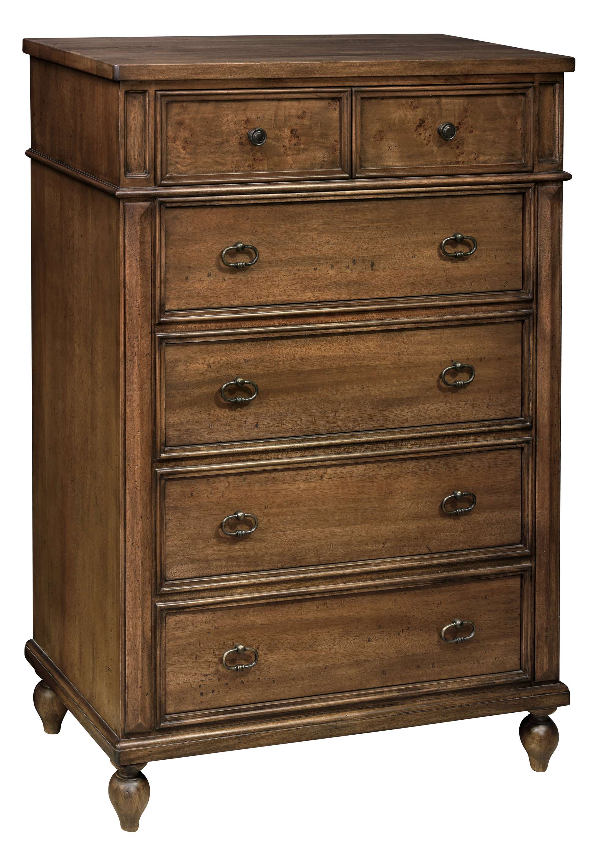 Fairfax tall chest with five drawers, classic warm wood finish, framed drawer fronts, and turned wooden legs