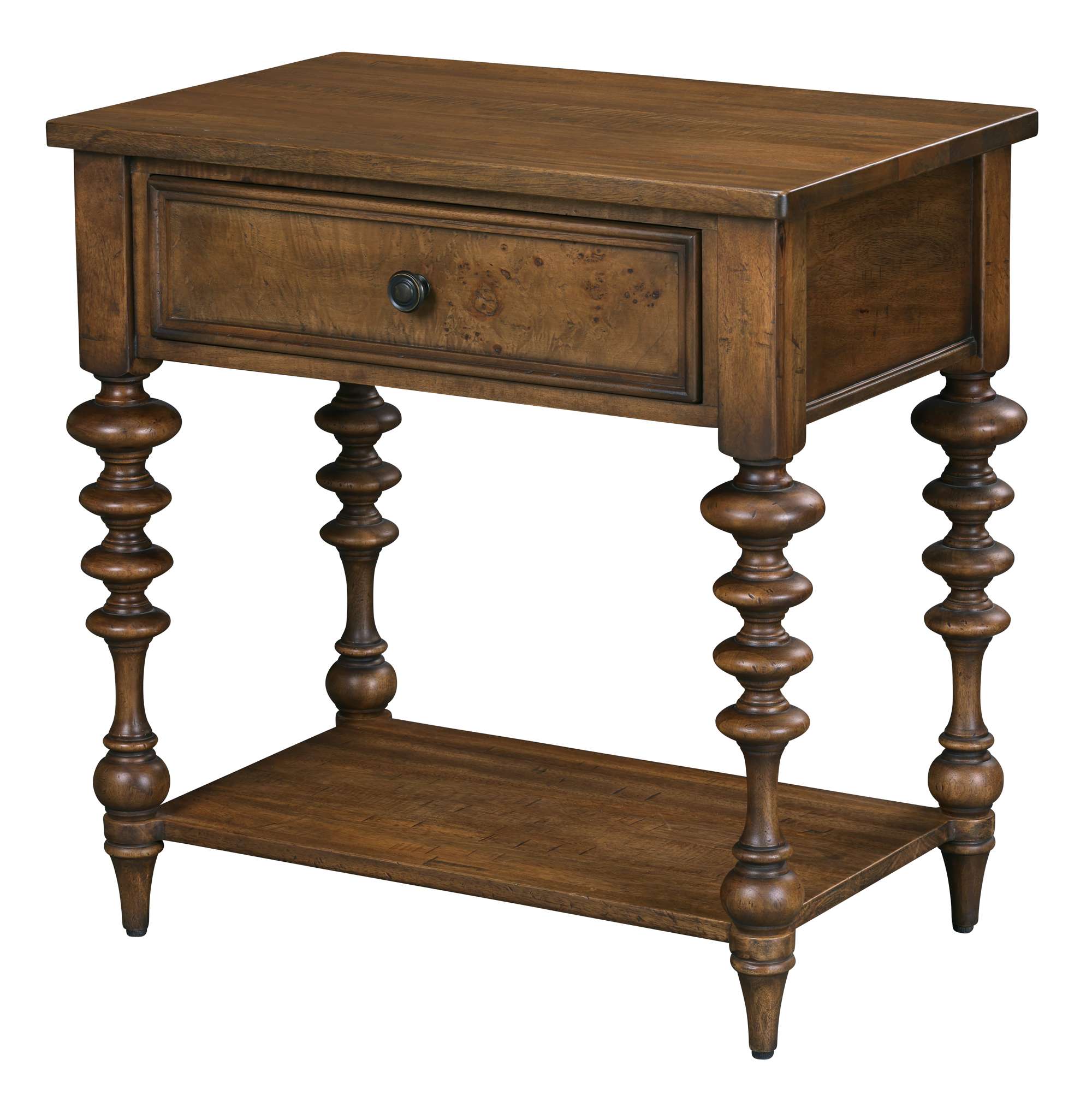 Fairfax single drawer nightstand with turned legs, warm wood finish, lower shelf, and round drawer knob in classic design