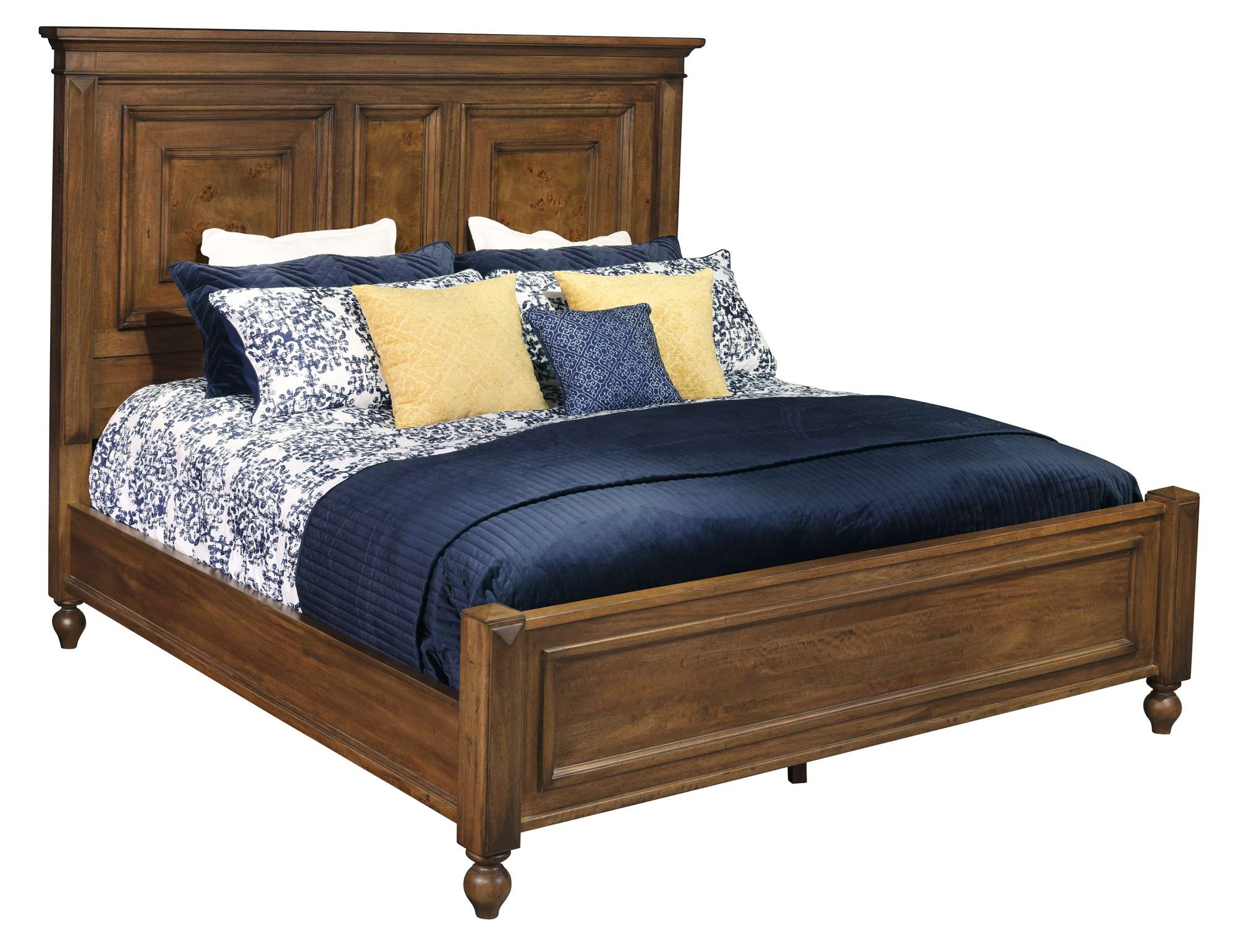 Fairfax Queen Bed with classic paneled wood headboard and footboard in warm natural finish with turned legs
