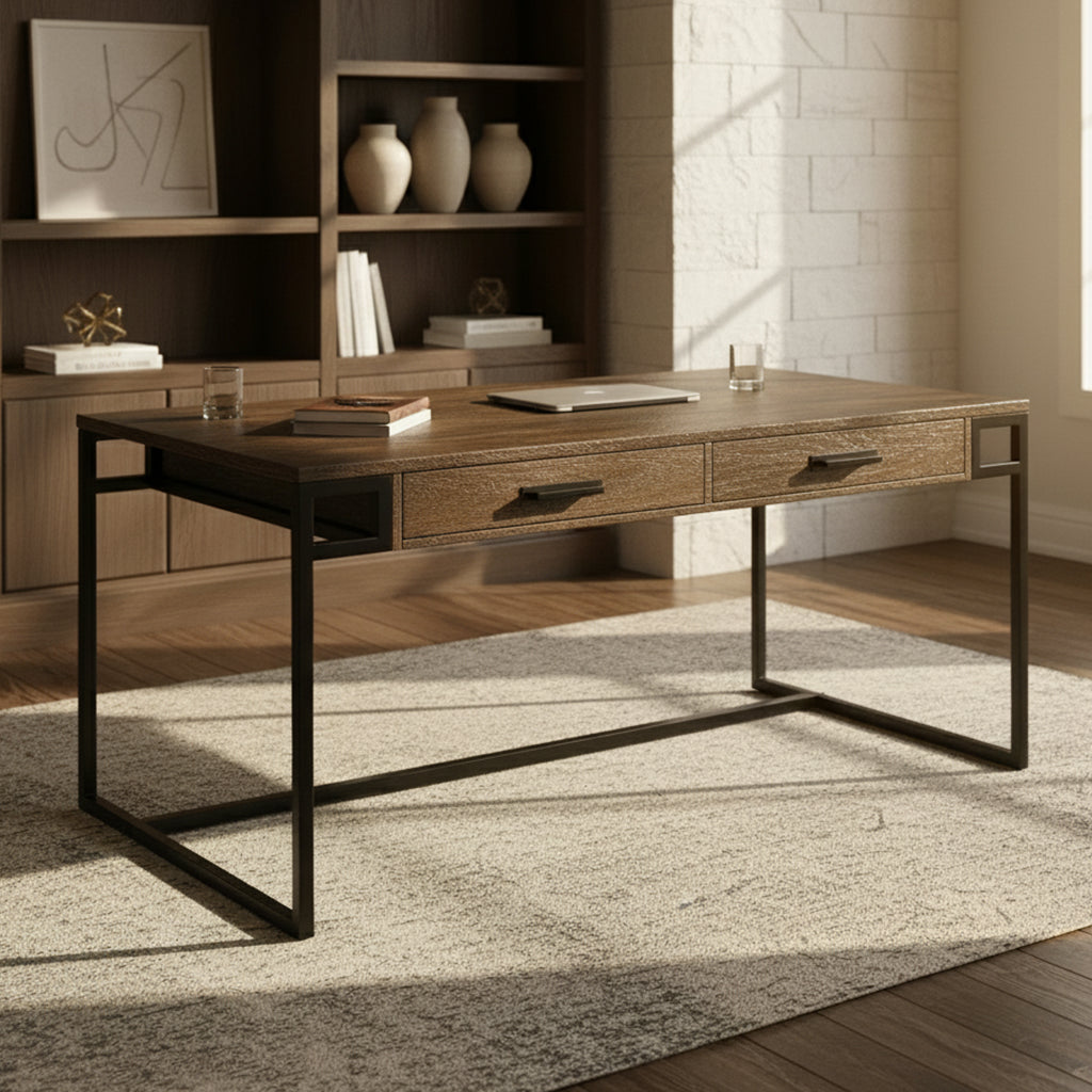 Desk with select solids and veneers, iron frame, two drawers, and Santa Cruz finish, width 60" depth 30" height 30