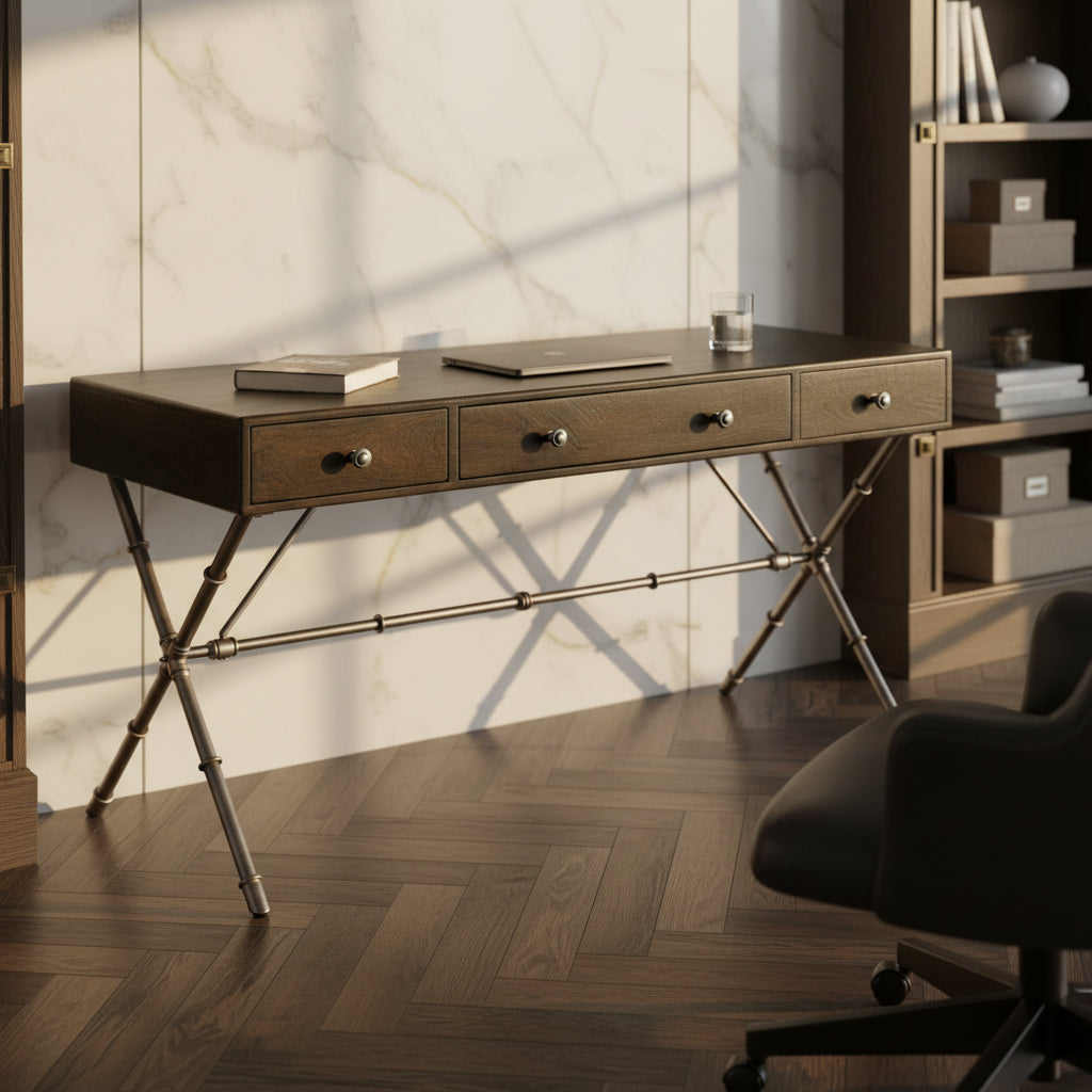 X-base acacia solid wood desk with three drawers, drop-down keyboard drawer, faux bamboo X-base, and antique pewter legs in Cambridge finish