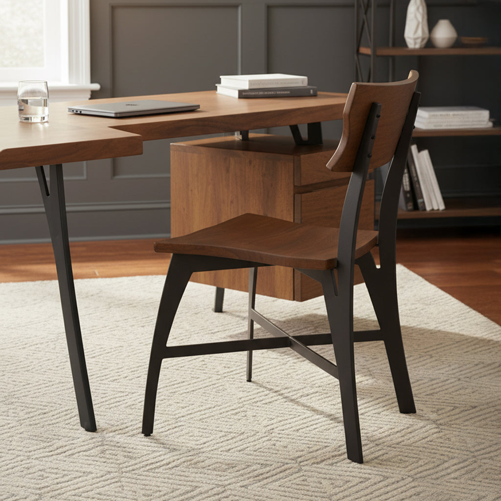 Boulder desk chair with walnut live edge seat and back, graphite metal legs, styled to match Boulder L-Desk with File