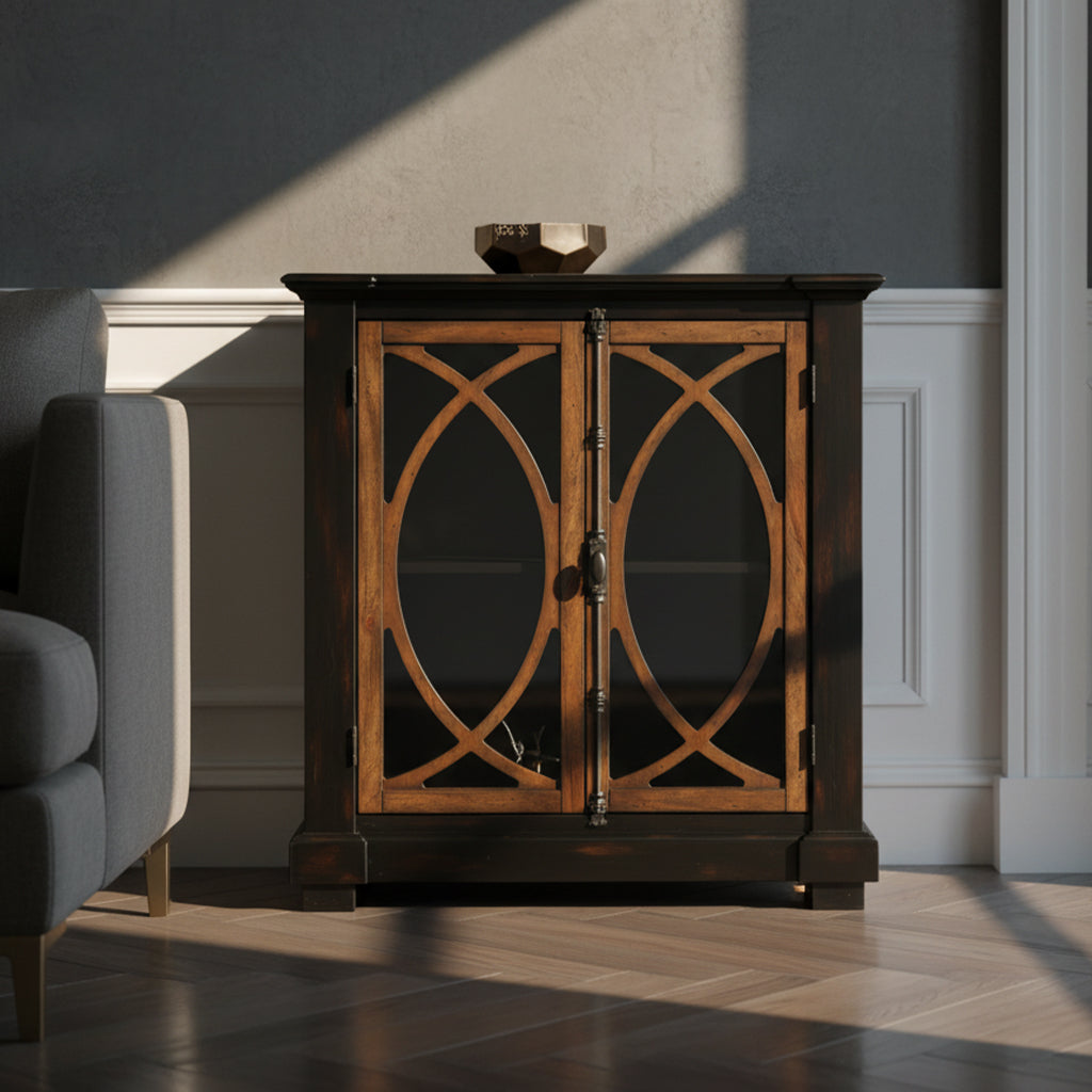 Accent chest with mahogany veneers and solids, two glass doors with antique brass latches, shelves, and Special Reserve finish