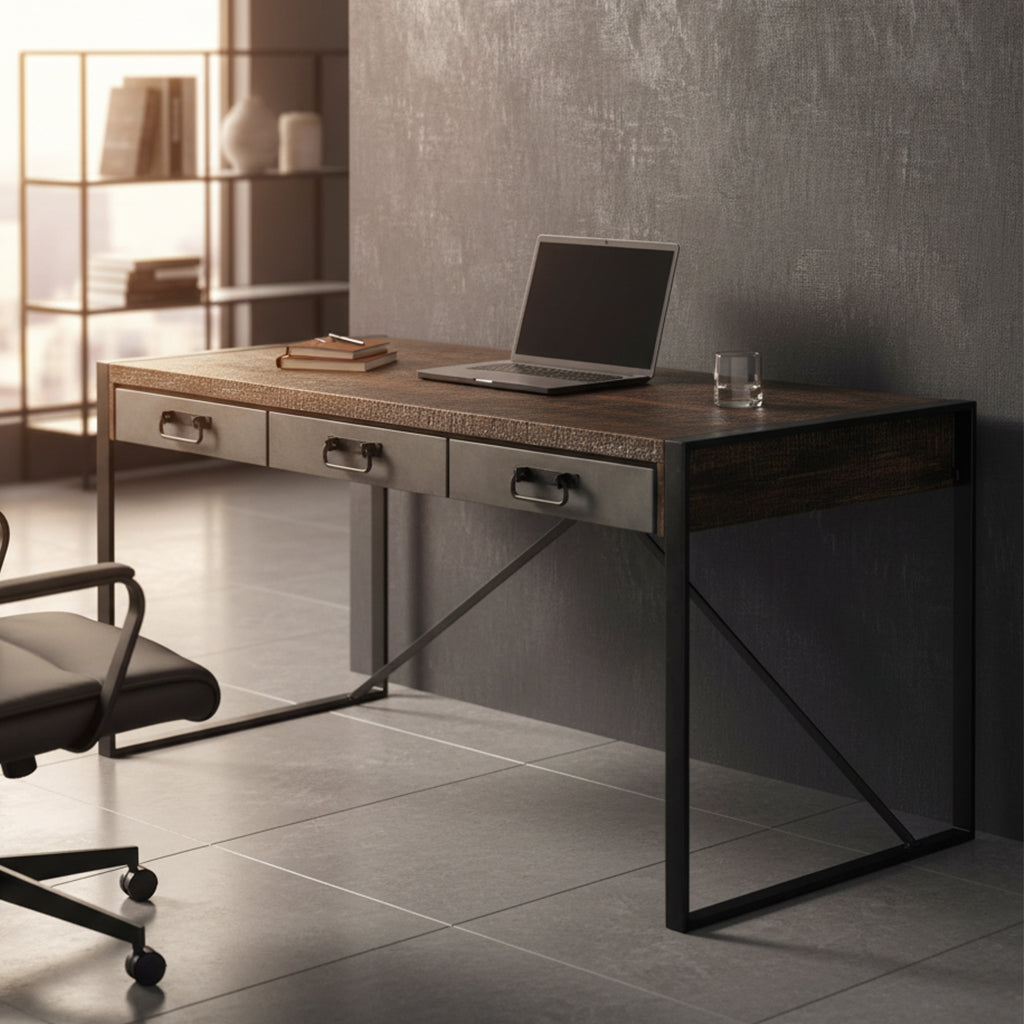 Industrial-style desk with rough-sawn acacia top, iron base, three steel drawers with iron bail pulls, and Pittsburgh finish
