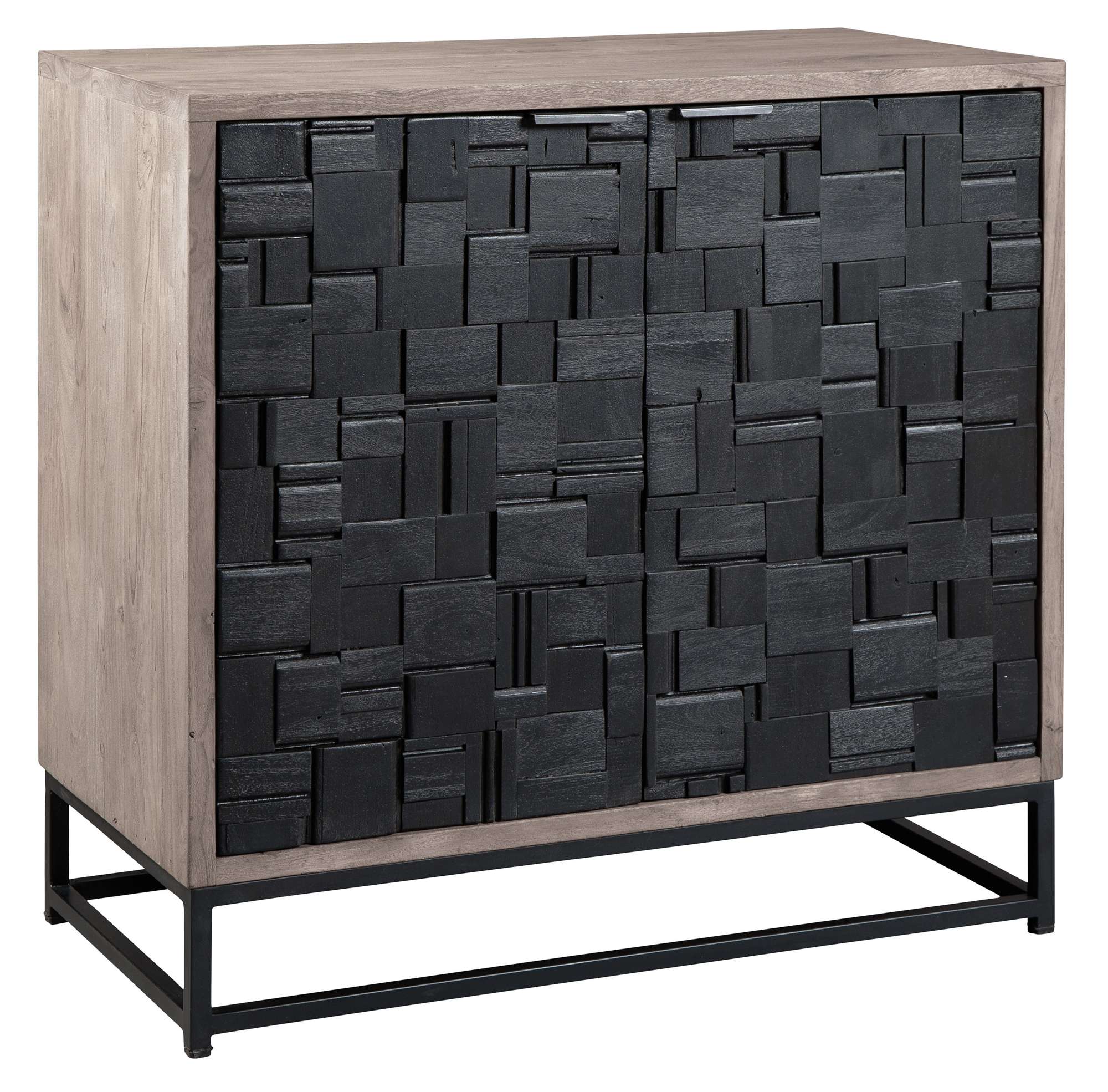 Accent chest with two doors featuring black stained parquet pattern, solid mango wood, and metal base frame