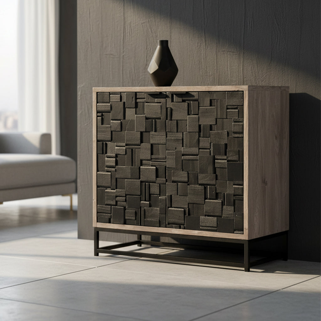 Accent chest with two doors featuring black stained parquet pattern, solid mango wood frame, and metal base