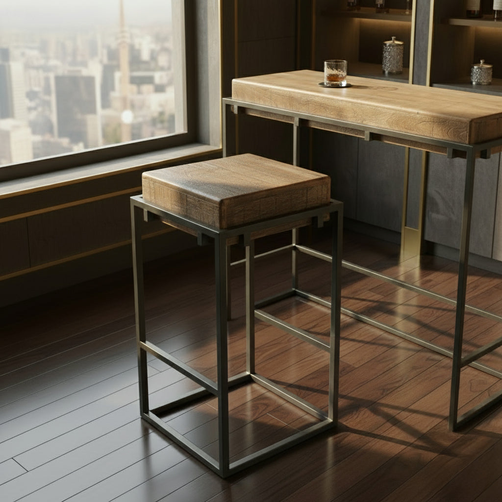 Square pub stool with solid acacia wood seat and iron frame featuring dual side footrest in soft brown oil rub finish