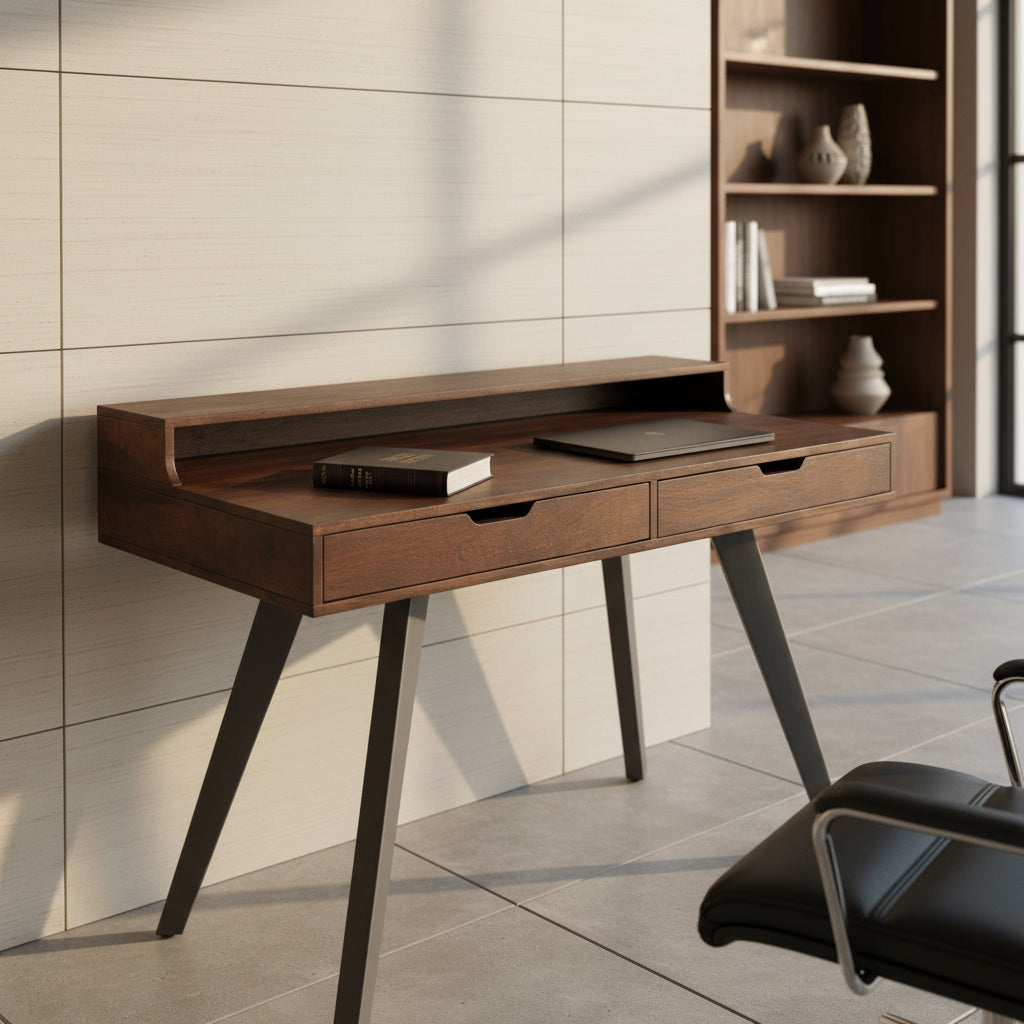 Solid acacia desk with two drawers, open back storage shelf, and angled metal legs in modern design