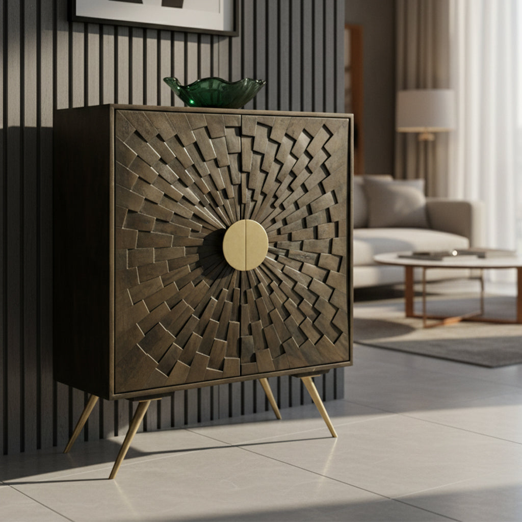 Accent chest with select wood solids and veneers, geometric raised strip design, two doors, shelf, and brushed brass legs and pulls