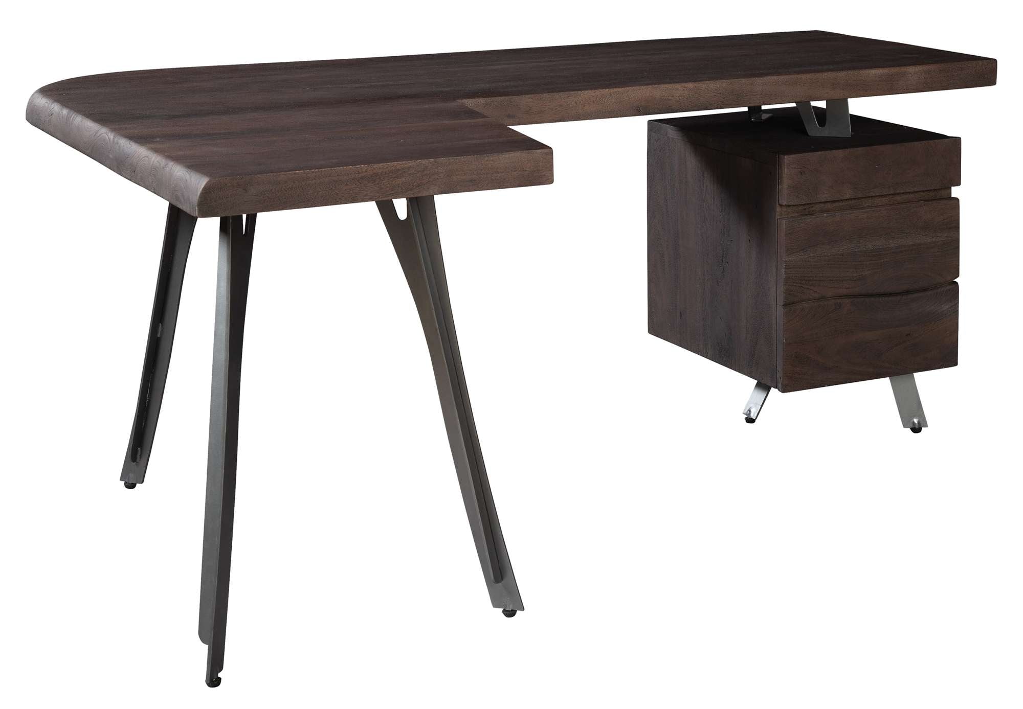 Solid acacia live edge desk with iron legs and floating pedestal with file and box drawer in dark vinegar finish