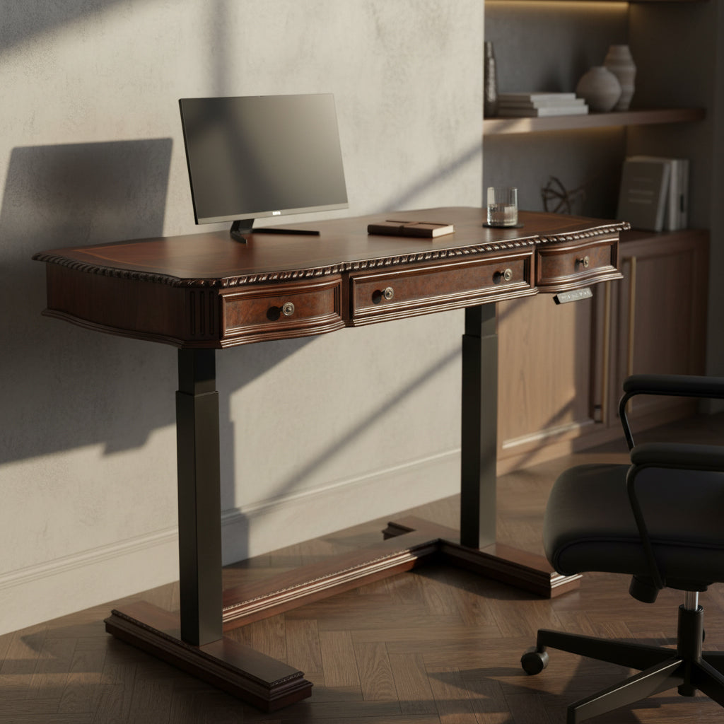 Adjustable standing desk with dark wood top featuring carved edges and drawers, black metal legs, and office chair nearby