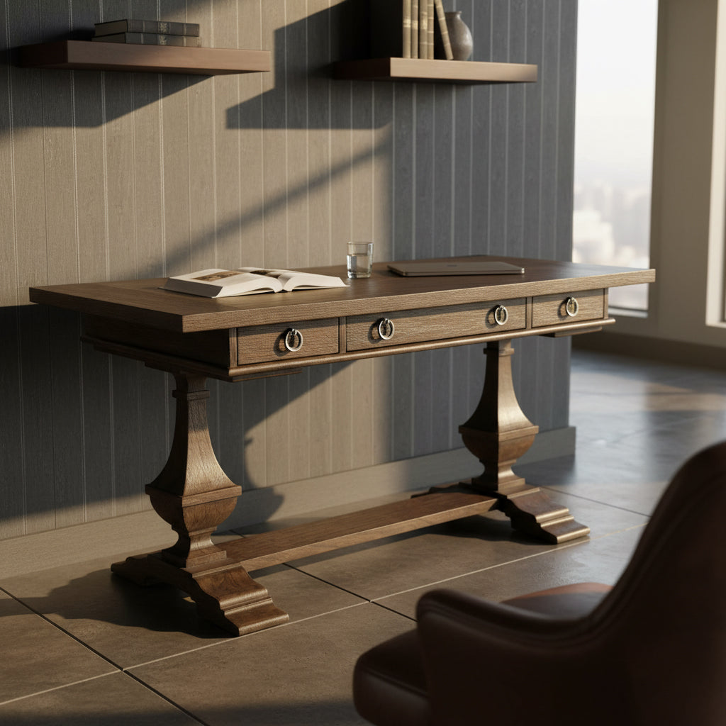Desk with oak veneers and select solids, three drawers with drop-down front, pewter hardware, and Special Reserve finish