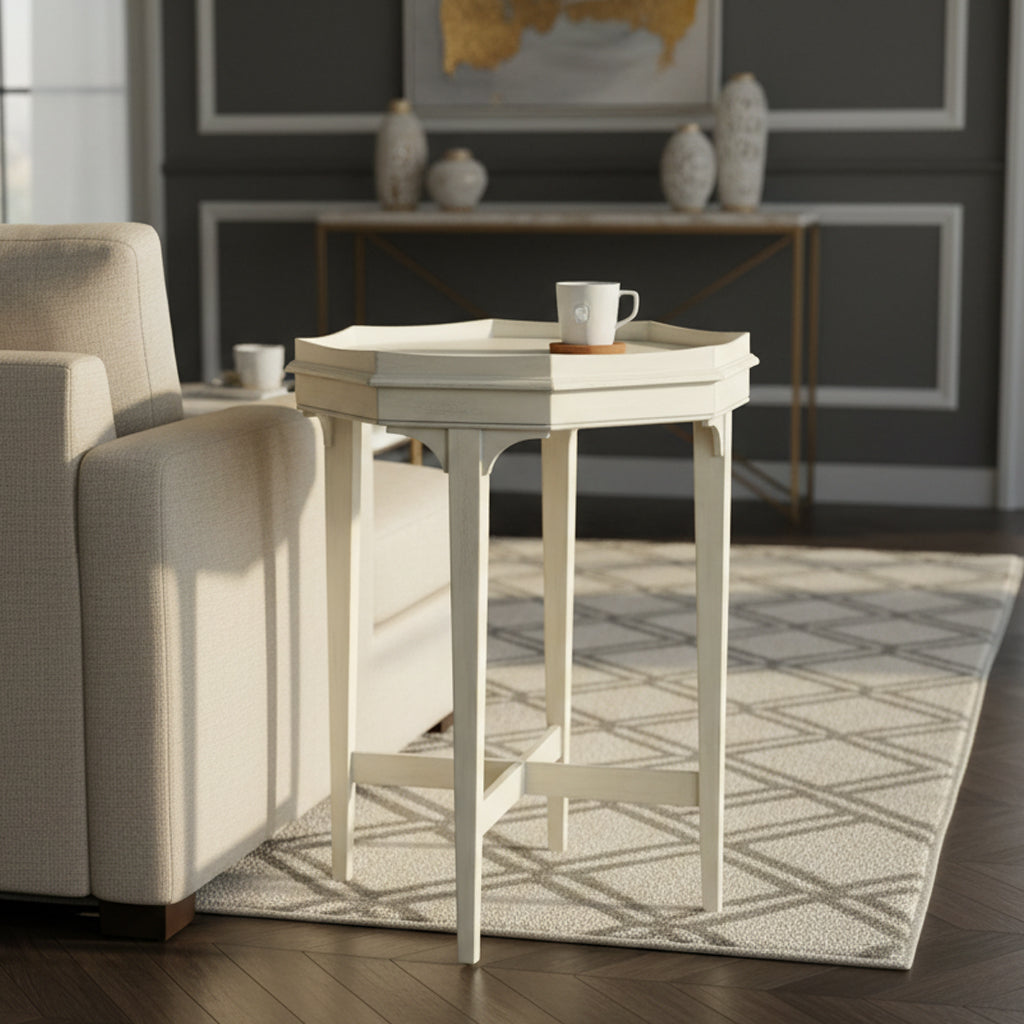 Octagon shaped end table in aged taupe finish with X-stretcher base, select solid wood and veneer construction