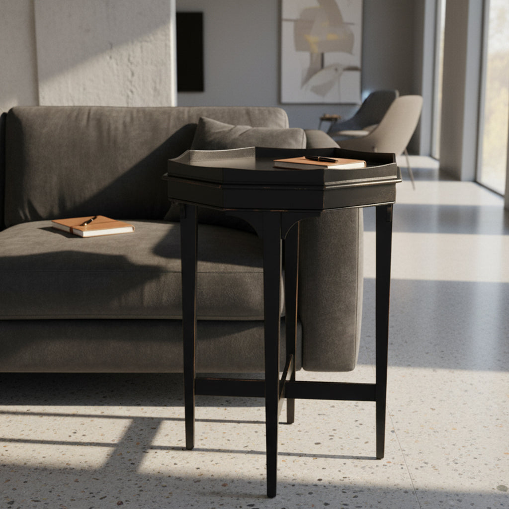 Louis Philippe black wood end table with octagon top, X-stretcher base, select solids, and veneer finish