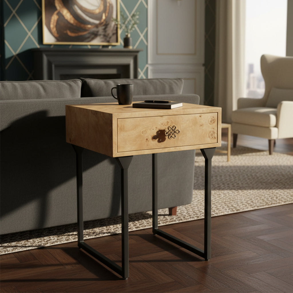 End table with burl wood top, black metal legs, single drawer with antique brass Celtic pattern hardware pull
