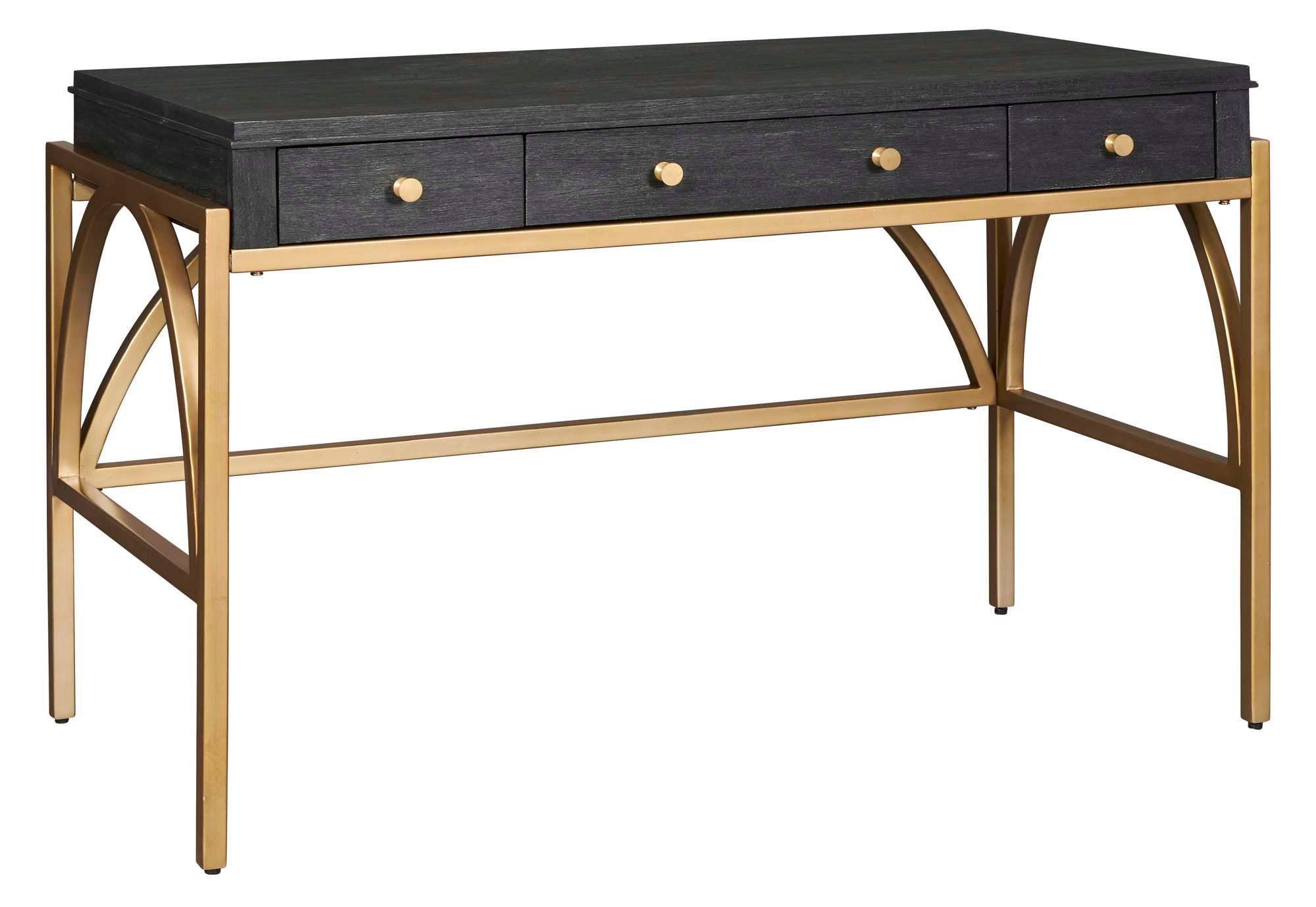 Writing desk with black wire brushed finish, square brass legs, curved brass stretchers, two box drawers, and drop front drawer