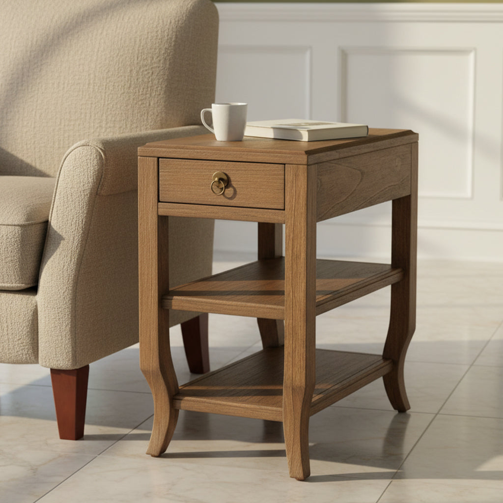 Chairside end table with single drawer, two shelves, shapely stiletto feet, antique brass hardware, and special reserve wood finish