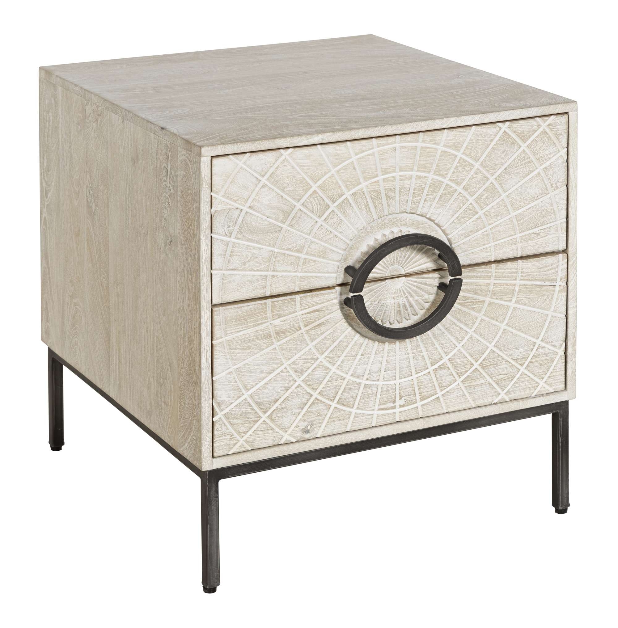 End table with two sunburst carved drawers, centered round metal hardware, light wood case, and square metal legs